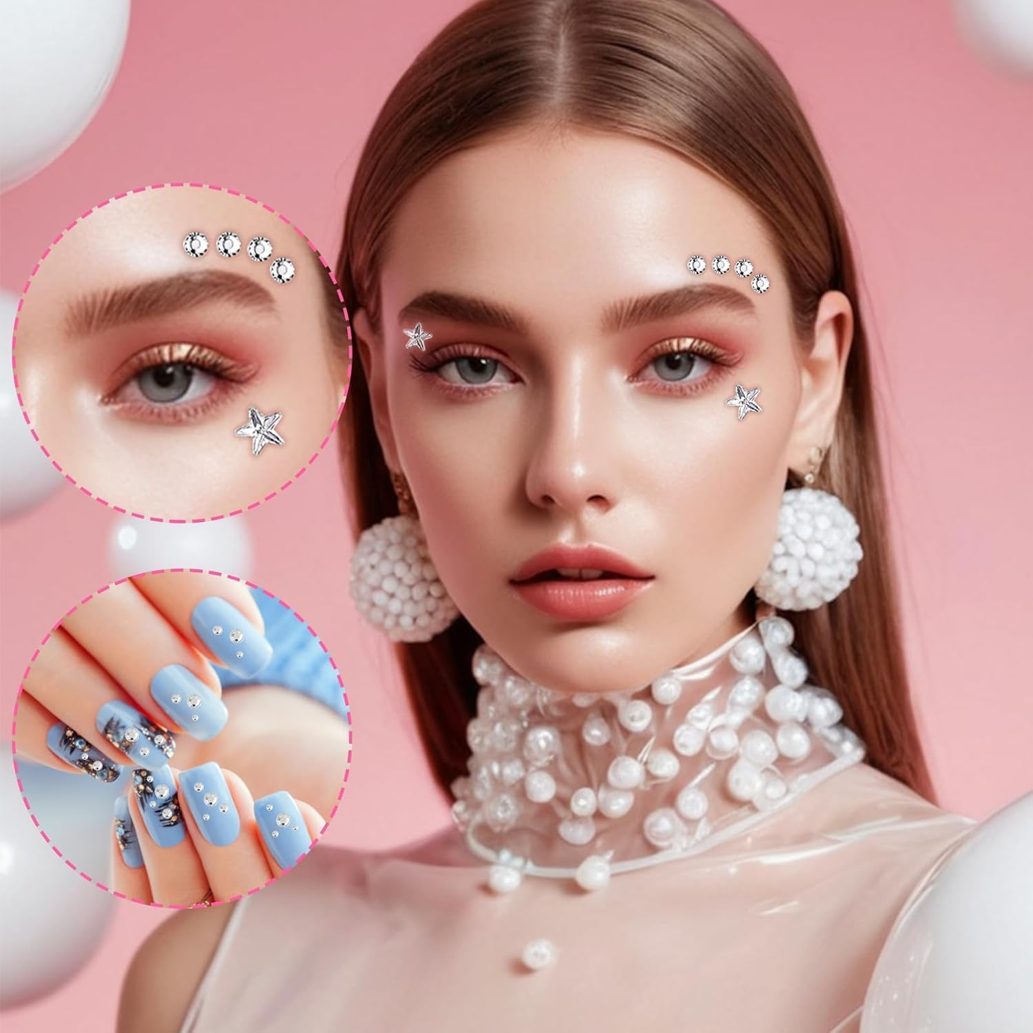 5 Sheets Self Adhesive Face Gems for Makeup - 3D Heart Star Moon Rhinestone Stickers, Eye Nail Body Crystal Pearls Jewels for Festival Crafts