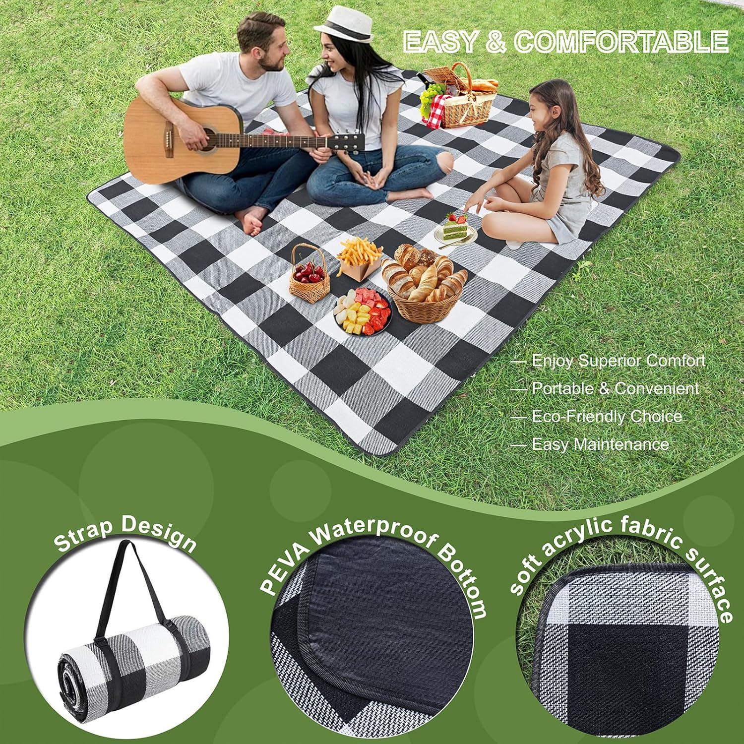 Clearnest Waterproof 3 Layer Picnic Blanket 2M X 2M - Extra Large Foldable Outdoor Mat with Soft Sponge Layer - Machine Washable Eco-Friendly Beach Camping Rug image number 2