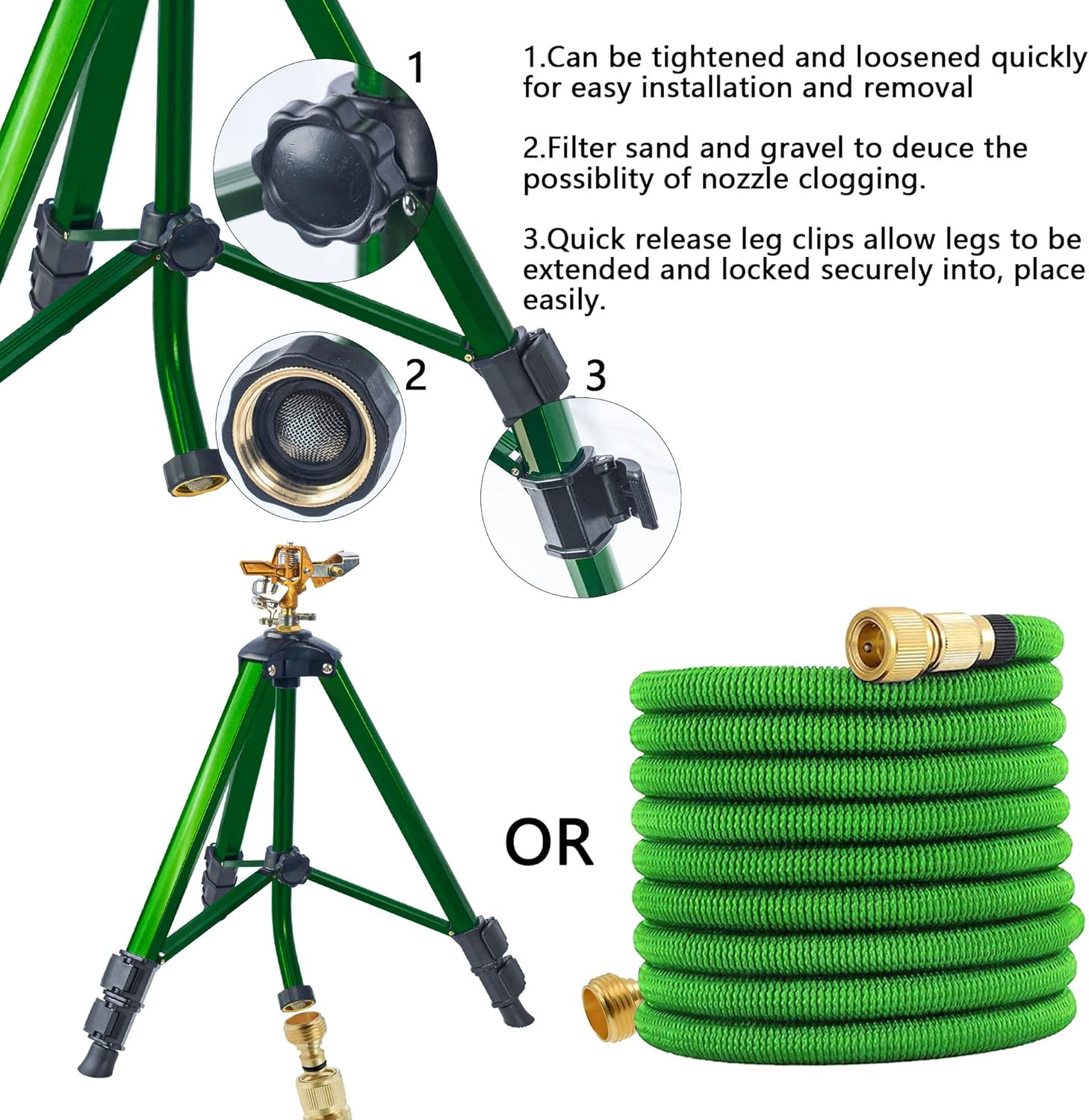 Hourleey Impact Sprinkler on Tripod Base, Heavy Duty Brass Sprinklers for Yard Lawn Garden, 0-360 Degree Large Area Coverage, 3/4 Inch Connector Extension Legs Flip Locks with Brass Sprinkler Head image number 2