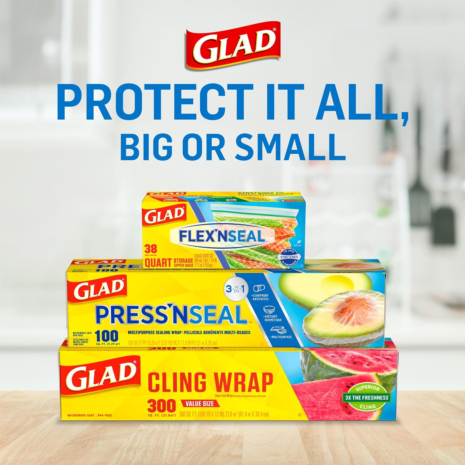 Glad Press'N Seal Plastic Food Wrap - 100 Square Foot Roll - 3 Pack