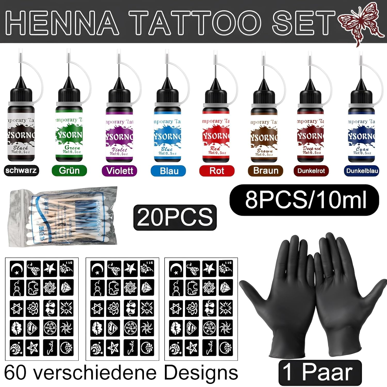 Henna Tattoo Set - 8 Colours Ink Including 60 Stencils with Gloves and Applicators, Henna Colour, Henna Freckles, for Women, Men, DIY Art, Painting, Party Gifts