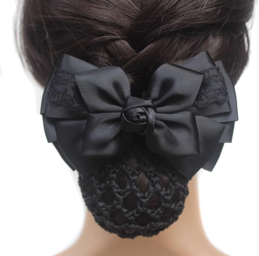 Womens Bowknot Snood Net Barrette Elastic Hair Clip Bun Cover Hairnet Satin Bow Barrette French Hair Clips Hair Accessories for Stewardess Banks Hotels Airline Professionals (Black) image number 5