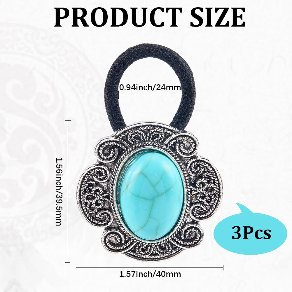 CABODYALS Pack of 3 Vintage Boho Metal Ponytail Holders Cowgirl Elastic Hair Bands Rope Western Style Turquoise Decorative Hair Bobbles Bracelet Bulk Pack for Women Party Outfit Ceremony Accessories image number 4