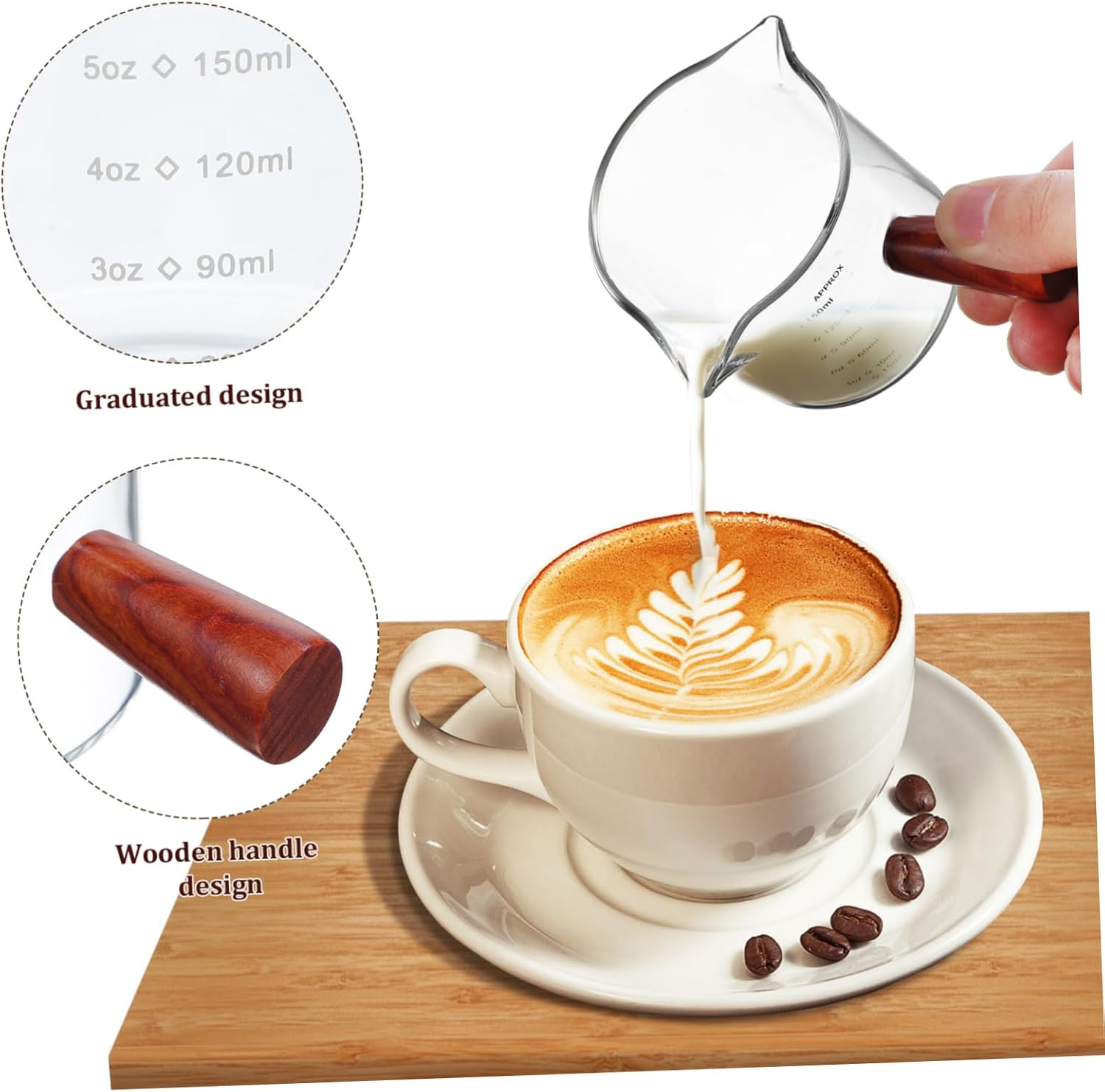 DONFAMDS 2 Pcs Glass Measuring Cups with Wooden Handles Dual Spout Espresso Pitchers for Coffee Creamer Milk Versatile Use for Home Office Coffee Shops image number 3