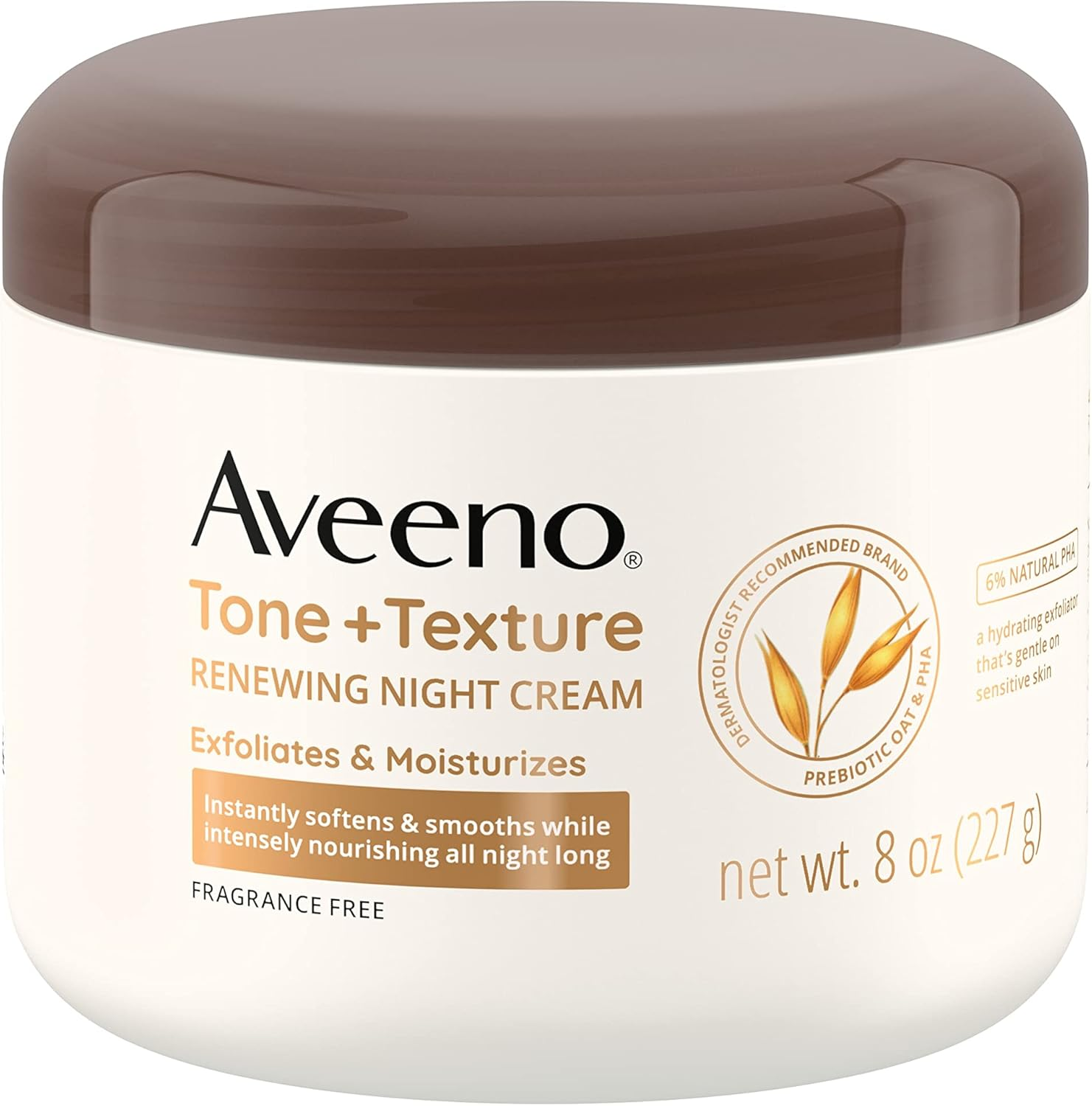 Aveeno Tone + Texture Renewing Body Night Cream with Prebiotic Oat, Gently Exfoliates & Moisturizes Sensitive Skin, Instantly Softens & Smooths & Intensely Nourishes, Fragrance-Free, 8 Oz image number 1