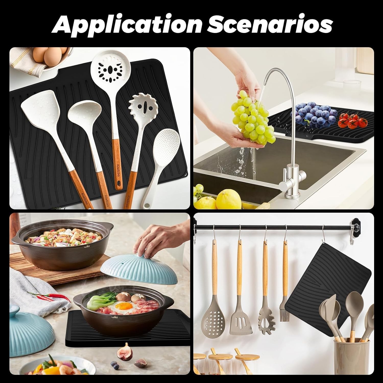 Silicone Dish Drying Mat for Kitchen Counter, Dish Drying Pad, Non-Slip Drain Pad with Built-In Drain, Heat Resistant Stone Drying Mat (Black, 15.8" X 13") image number 4