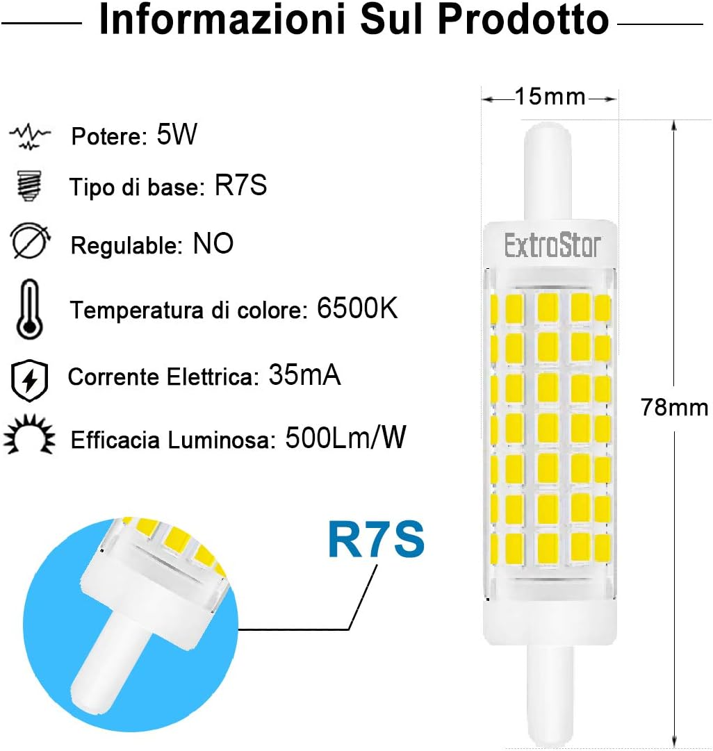 EXTRASTAR R7S LED Non-Dimmable 5 W 78 Mm LED Bulb with Double Linear Effect 6500 K Equivalent to 40 W, 500 Lm, Pack of 2 (Pack of 1) Cool White image number 5
