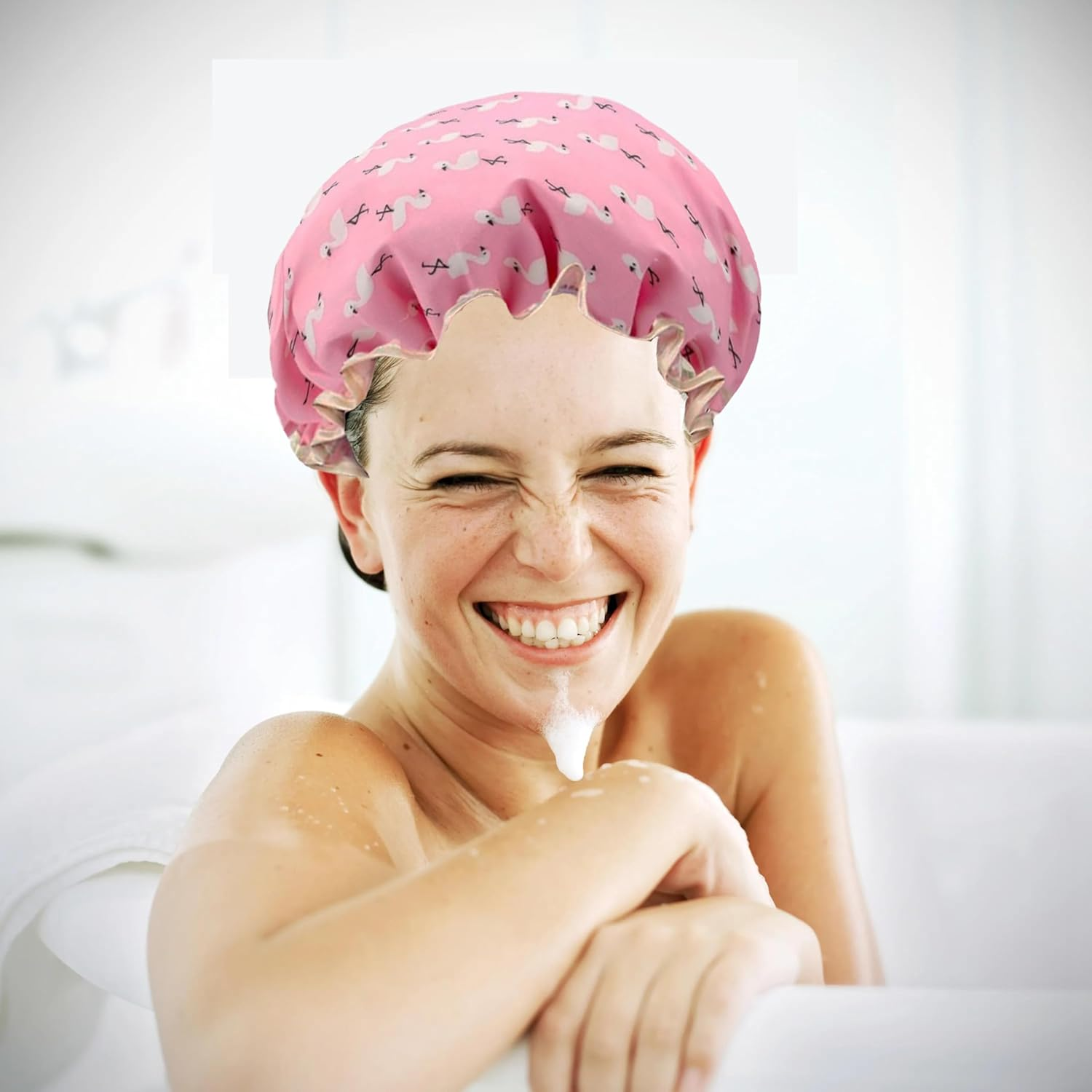 Pack of 2 | Shower Caps for Women, Double Layers Waterproof Bath Caps with Elastic Band, Reusable Shower Hat for Keeping Hair Dry Kitchen Oil-Proof Cap for Adults and Children