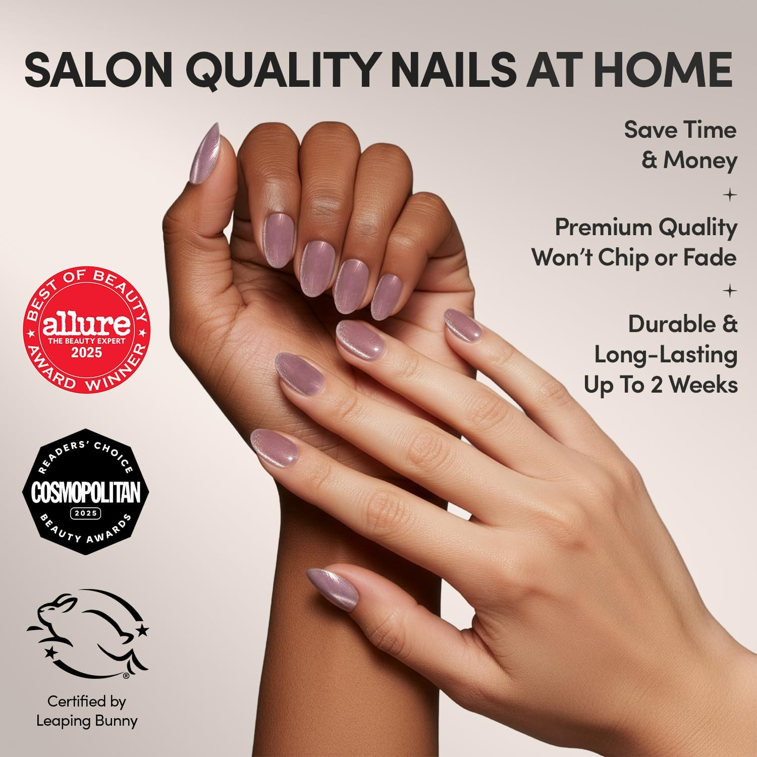 Glamnetic Reusable False Nails - Fairy Dust | Beige Pink Short Oval Nails with Fascinating Metallic Finish | 15 Sizes - 30 Nail Kits with Glue image number 4