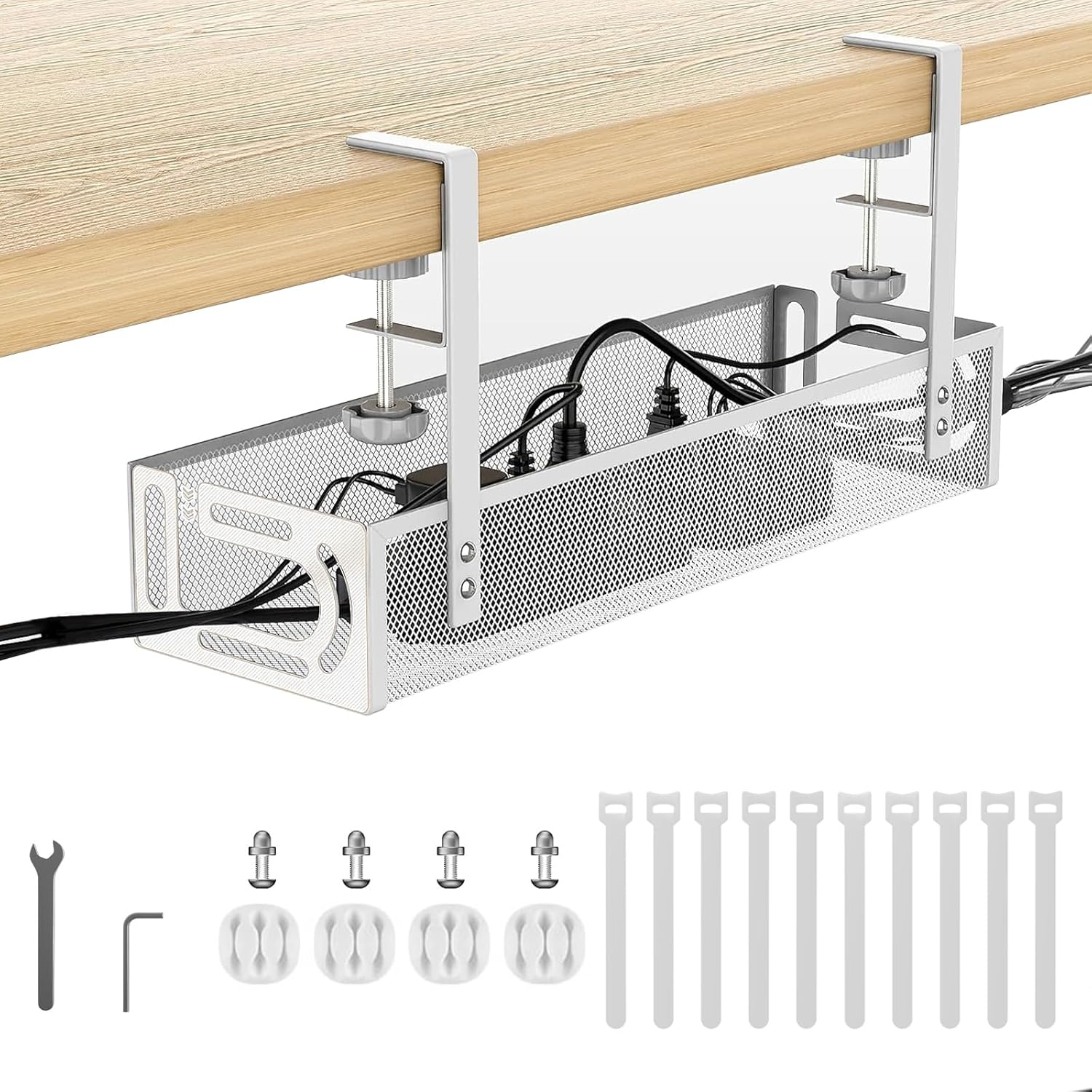 Under Desk Cable Management Tray No Drill, Metal Mesh Cable Organiser with Clamp for Desk Wire Management, Desk Cable Management Box and Cord Organizer for Office, Home (White)