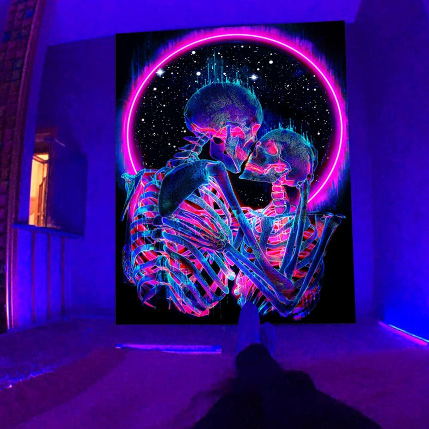 Manicer Blacklight Skull Tapestry, the Kissing Lovers Tapestry UV Reactive Trippy Neon Tapestries Glow in the Dark Party Backdrop, Skeleton Wall Art for Bedroom Living Room &ndash; 51.2&rdquo; X 59.1&rdquo; image number 5