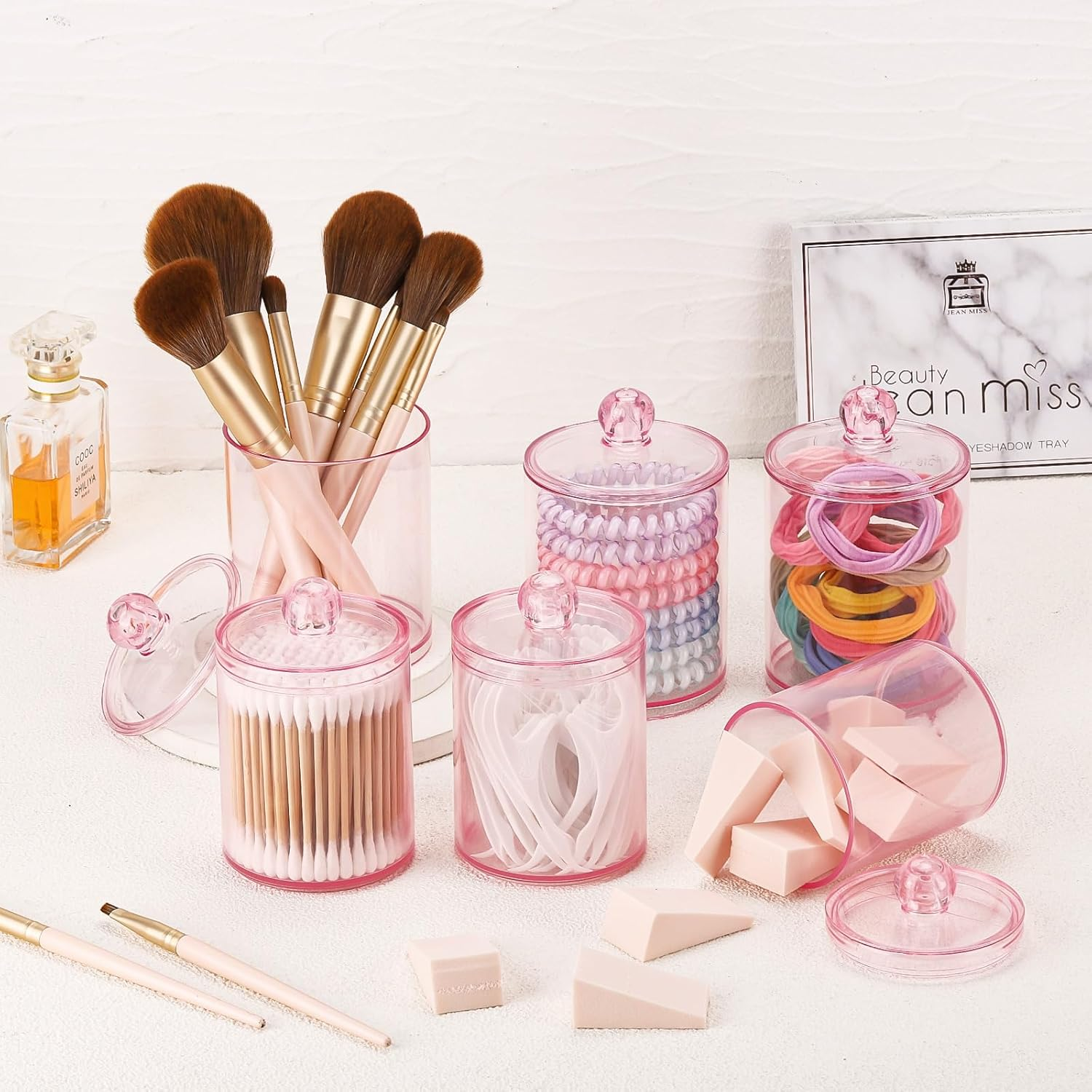 Tbestmax 6 Pack Qtip Holder - 12 Oz, 10 Oz Bathroom Organizer and Storage Containers, Plastic Apothecary Jars with Lids for Cotton Ball, Cotton Swab, Floss, Pink image number 4