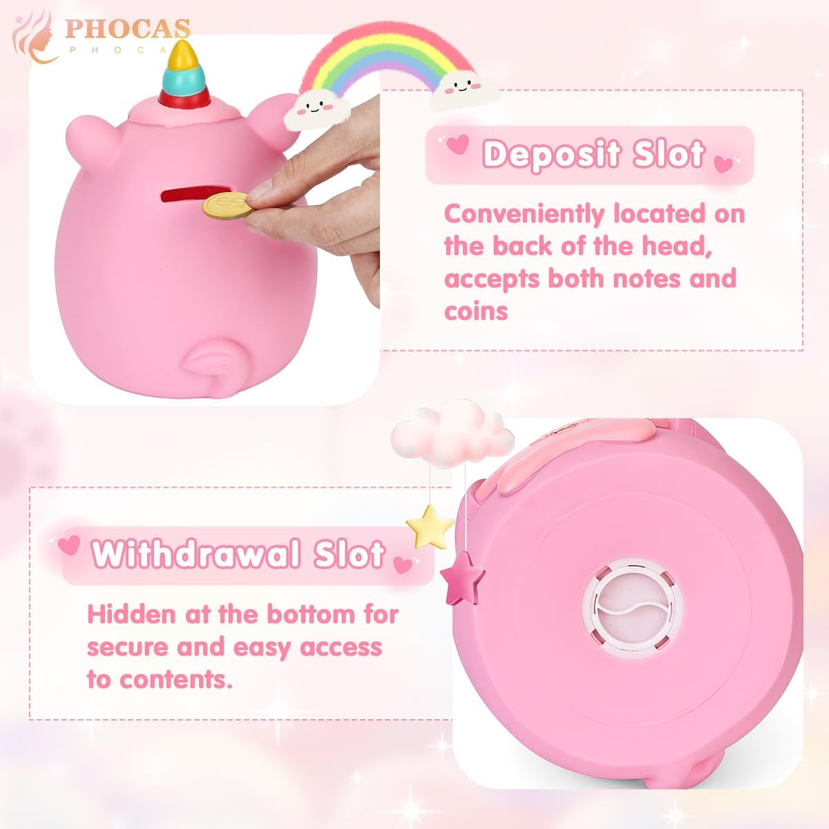PHOCAS Unicorn Piggy Bank Unbreakable Cute Pink Pig Money Bank Plastic Money Box Kids for Christmas Birthday Gift (Pink)