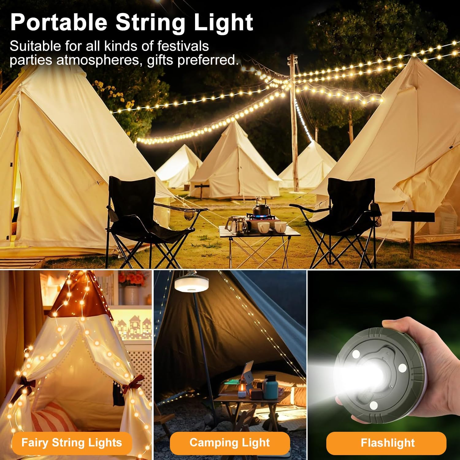 Camping String Lights, 4 in 1 Outdoor Camping Lantern with 8 Lighting Modes(32.8Ft), Quick 30S Recovery, IPX4 Waterproof, Type-C Fast Charging, Portable Camping Lights for Camping/Yard/Hiking image number 5