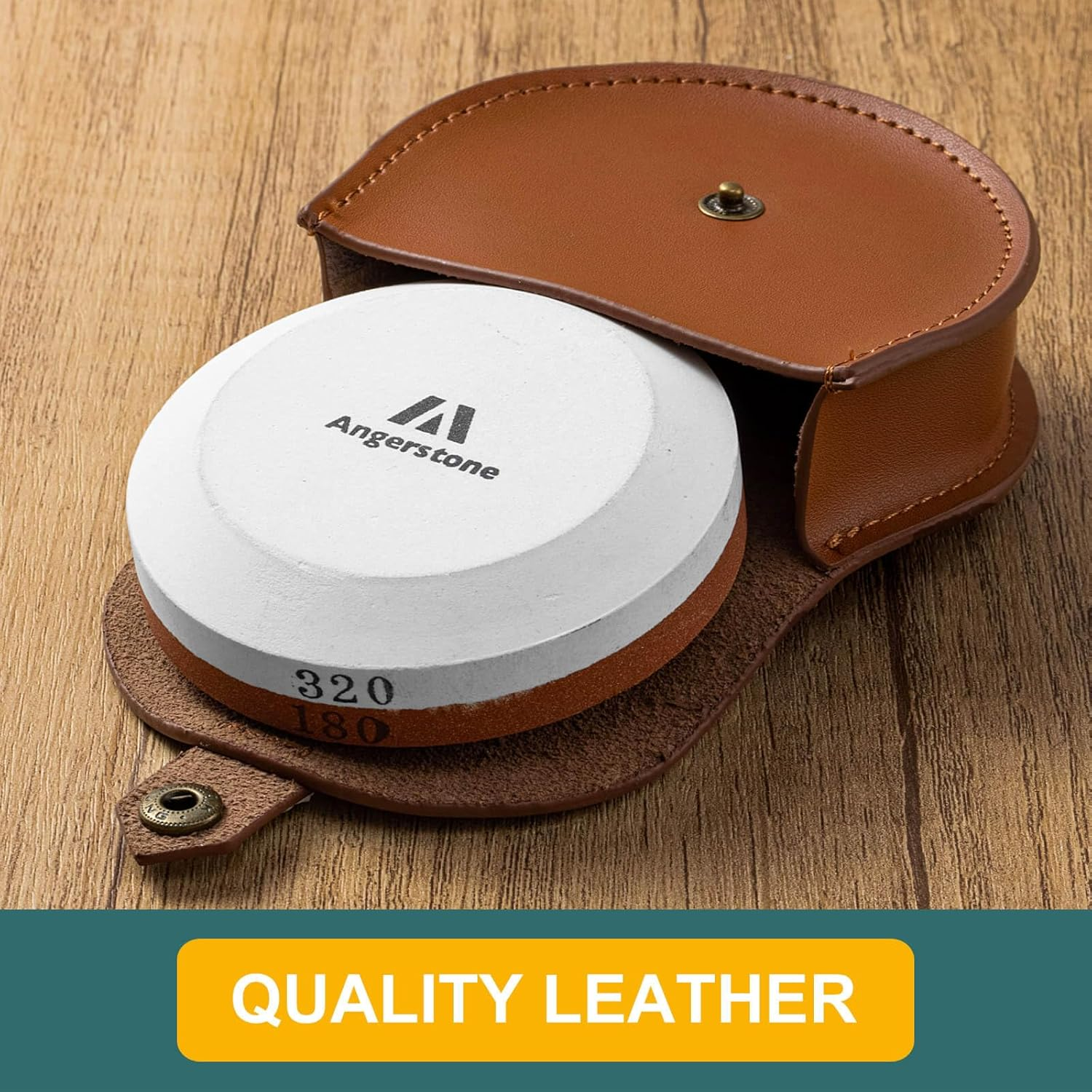 Angerstone Axe Sharpener - Multipurpose Axe/Hatchet Sharpening Stone - Whetstone Blade & Tool Sharpener, Dual Grit 180/320 Sharpening Puck with Leather Sheath image number 5