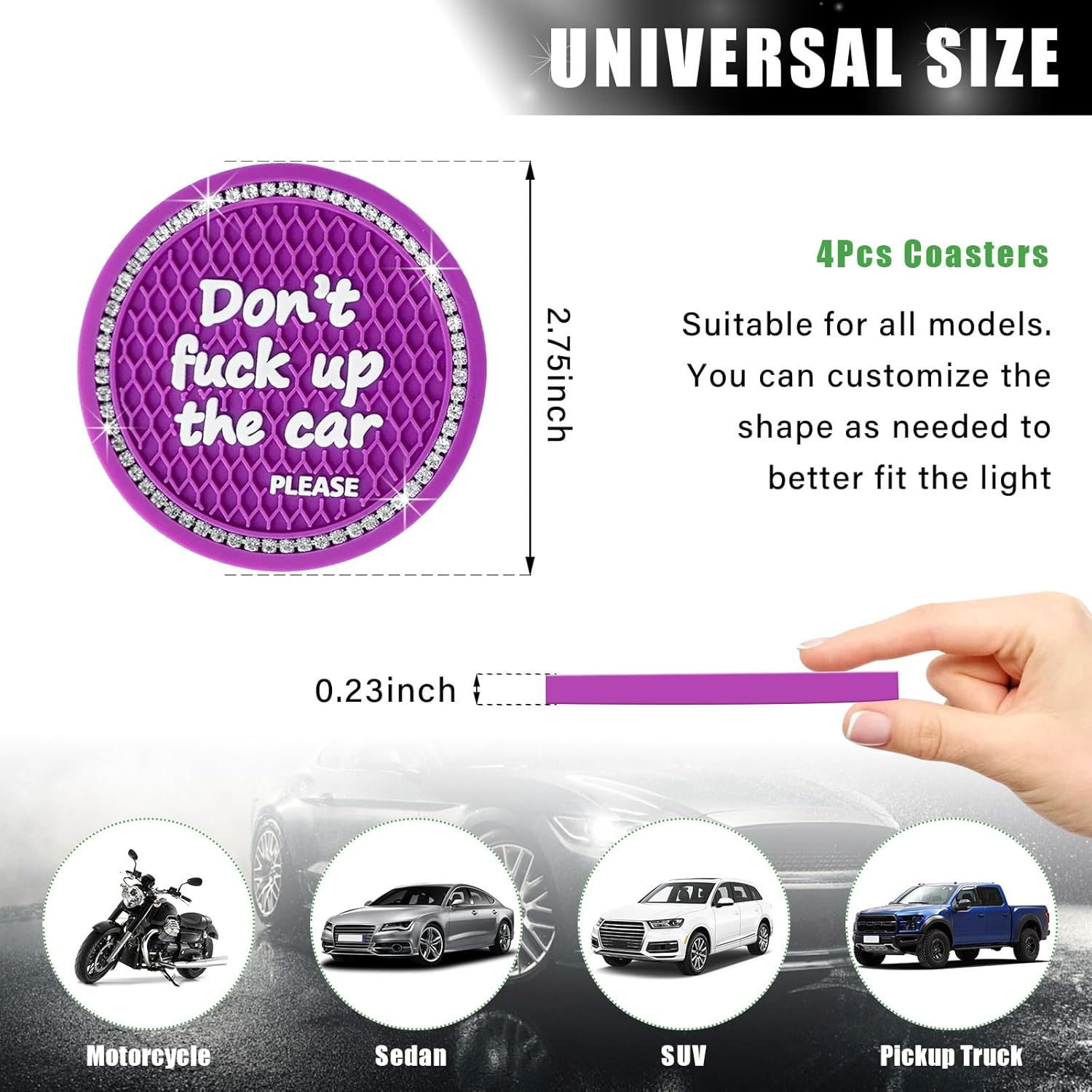 Ziciner 4 Pack Bling Car Cup Holder Coaster, 2.75 Inch Anti-Slip Auto Insert Cup Coaster, Crystal Car Drink Cup Mat Perfect for Women Girls, Universal Interior Decor Accessories (Purple) - Black, 4 Pcs image number 5