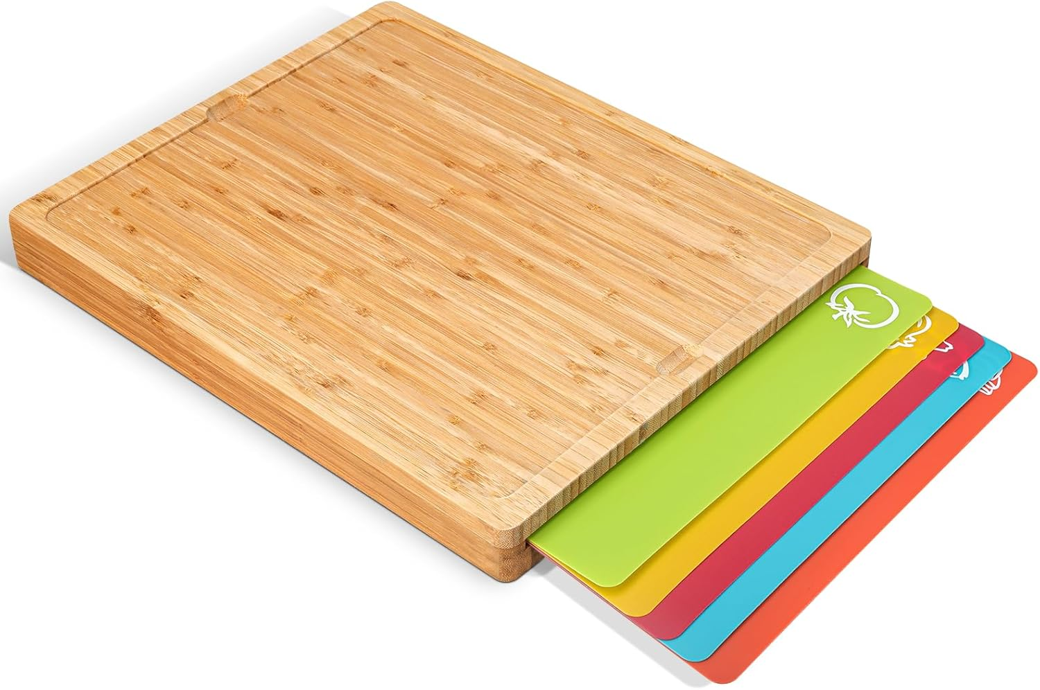 Kisfam Bamboo Chopping Board Set with Holder & 5 Non-Slip Cutting Boards - Color Coded Plastic Mats for Kitchen, Food Safe BPA Free - Cutting Board Storage (Red,Green,Blue,Yellow, Orange) image number 2
