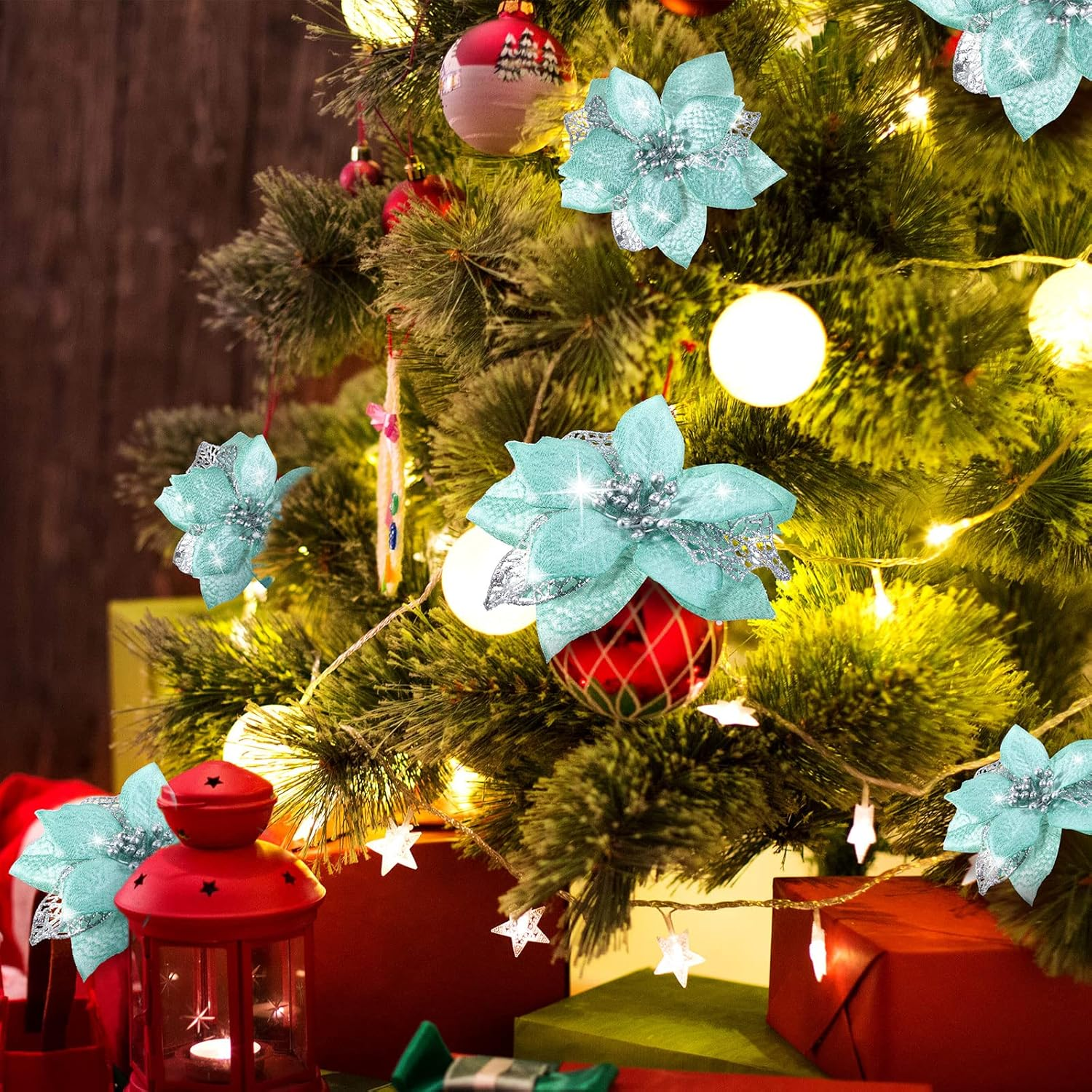WILLBOND 36 Pieces Christmas Poinsettia Glitter Faux Flowers Christmas Artificial Flowers Tree Ornaments Topper Xmas Decorations(Blue-Green) image number 4