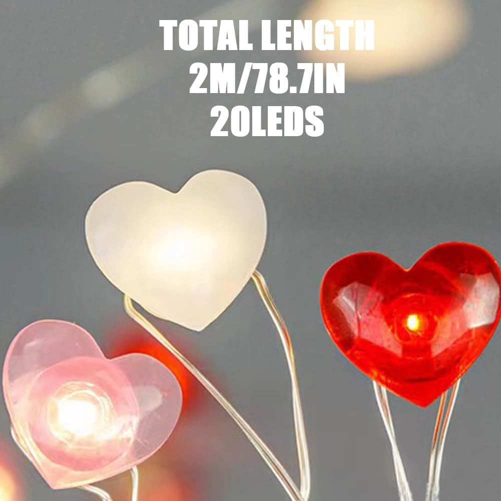 Homiliky 3 Colors Love Heart String Lights - 2M 20 Leds Battery Powered for Valentine'S Day, Wedding, Mother'S Day, Anniversary Indoor Decorative [Energy Class A]