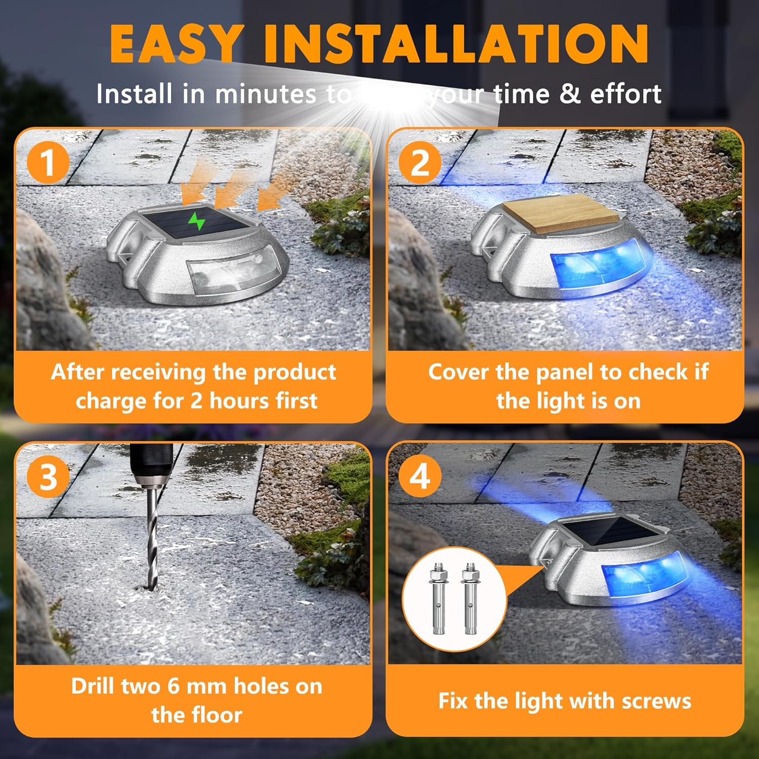 2 Pack Solar Deck Lights,Ground Marker Lights,Wireless Driveway Safety Light,Cast Aluminium Road Highway Spike Lamp,Waterproof Wireless Dock Light,Waterproof with 6 LED for Pathway Garden Walkway