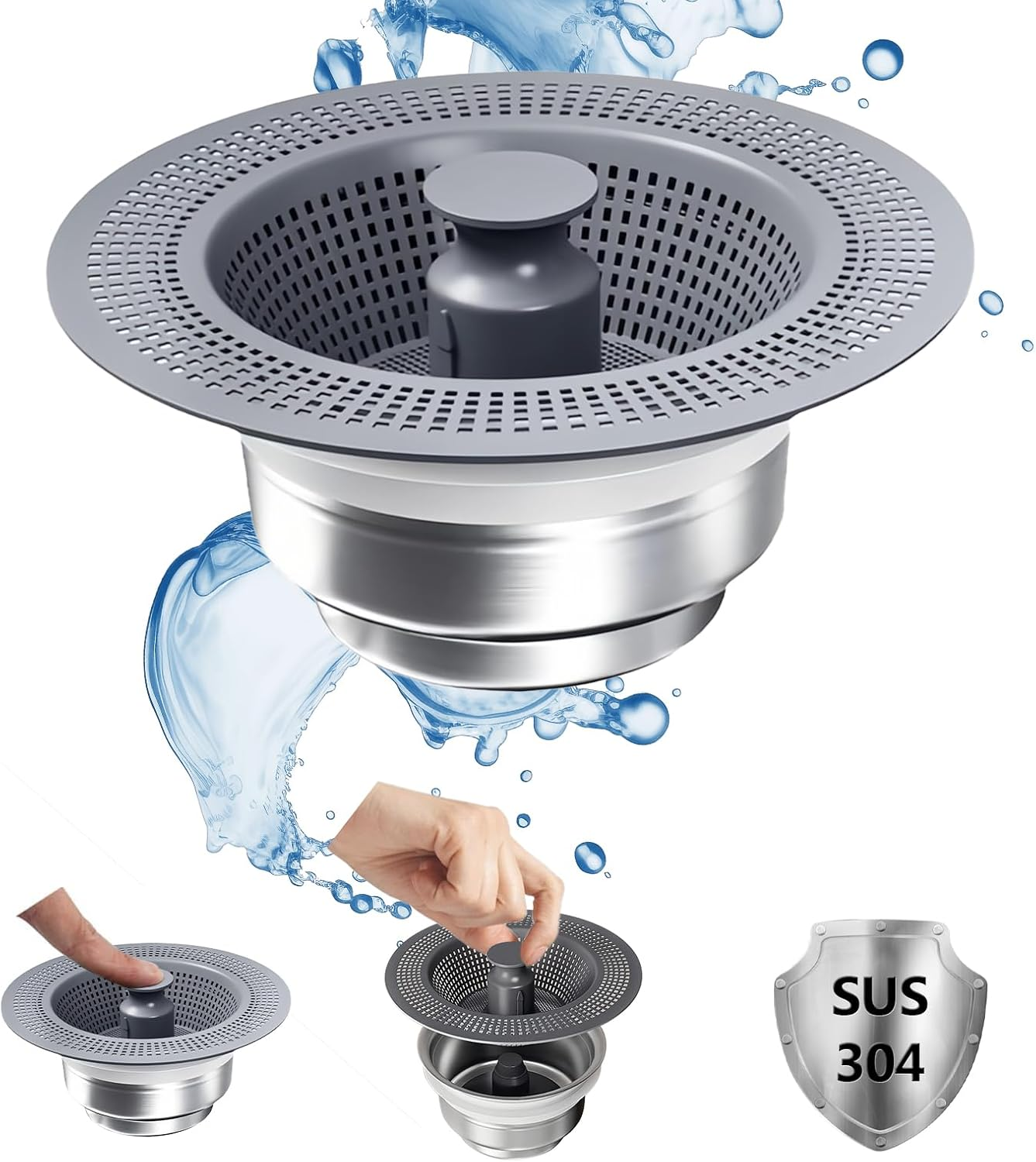 Upgraded Kitchen Sink Drain Strainer and Stopper Set 304 Stainless Steel Pop up Sink Drain Strainer with Rod Anti-Clog Kitchen Sink Filter Clog-Free Kitchen Sink Strainer Light Silver