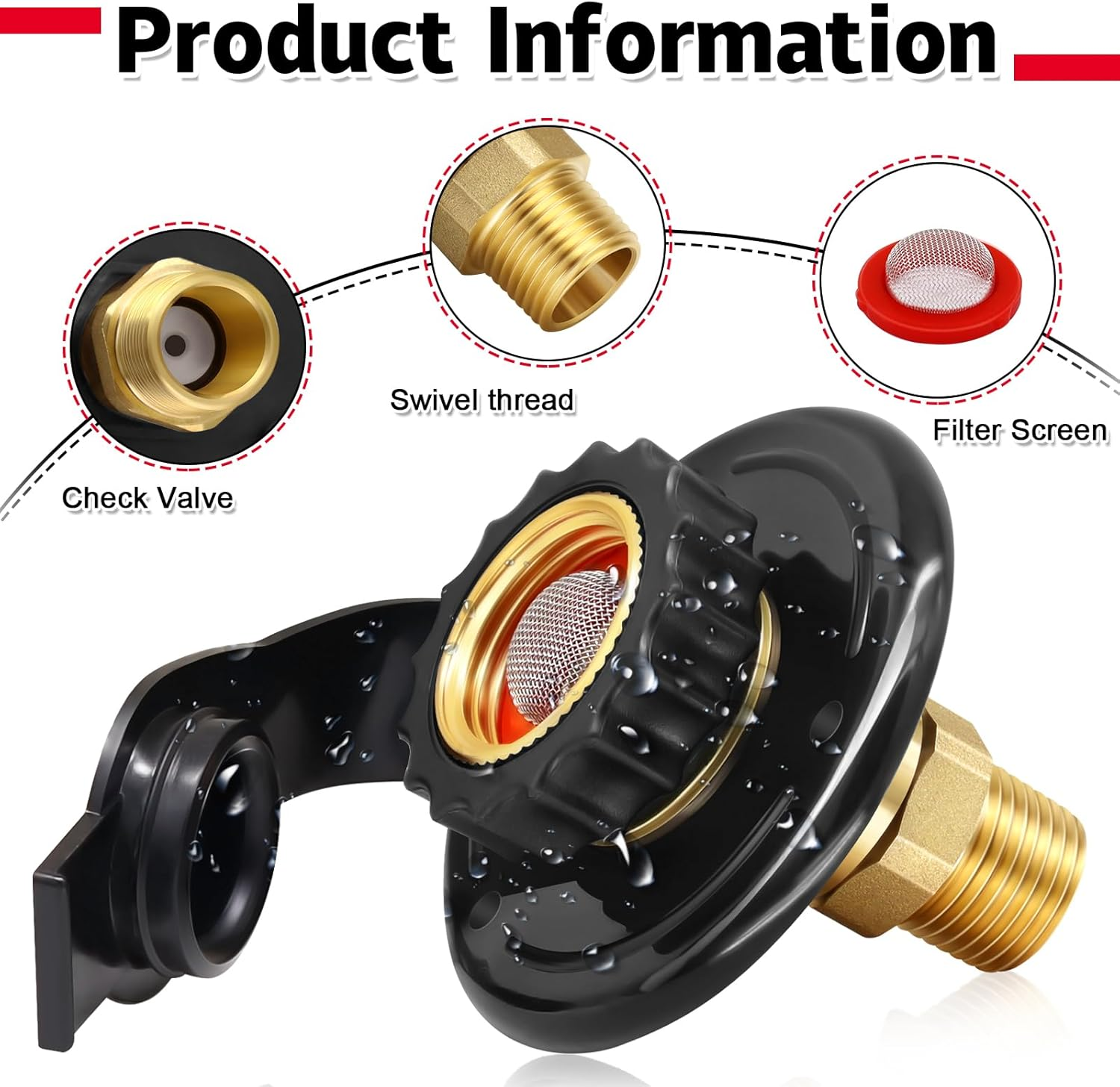 RV City Water Inlet with Check Valve, 3/4 NH Female to 1/2 NPT Male Black Flange RV Fresh Water Inlet, Lead-Free Brass RV Water Connection Inlet with Dust Plug for RV Camper Motorhome Trailer Marine image number 4