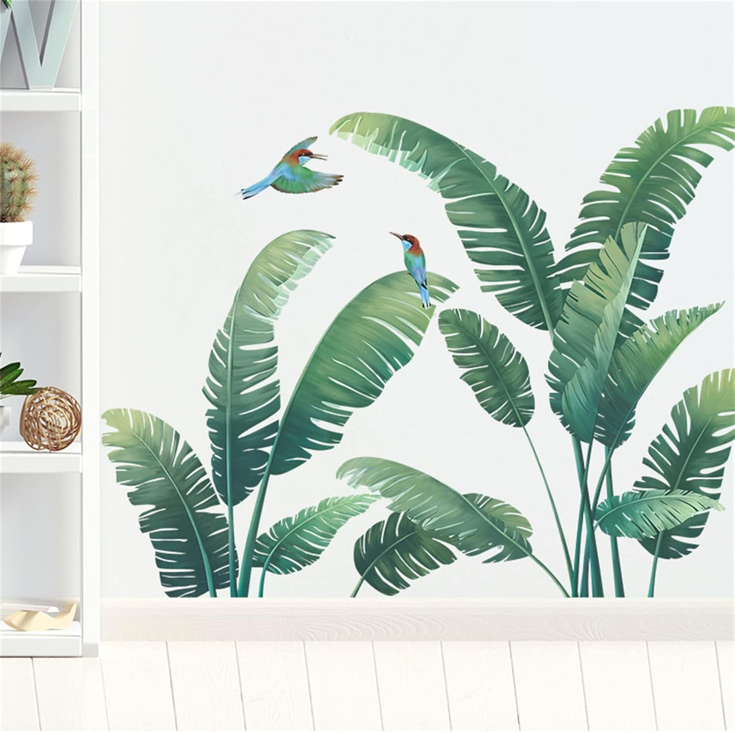 Green Plant Wall Stickers, Tropical Rainforest Monstera Leaf Decal Natural Palm Leaves Nordic Green Leaf Plants Banana Leaf Bird Wall Mural Bedroom Living Room (Green Palm Tree) image number 3
