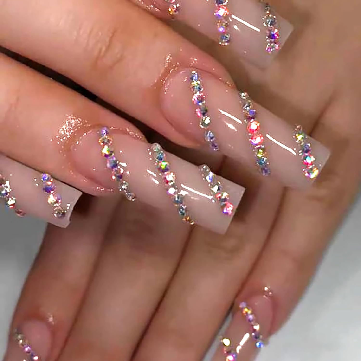 MISUD Press on Nails Long Square Fake Nails Glossy Glue on Nails Nude Acrylic Nails Artificial Nails Squoval Rhinestone Luxury Stick on False Nails with Design 24Pcs