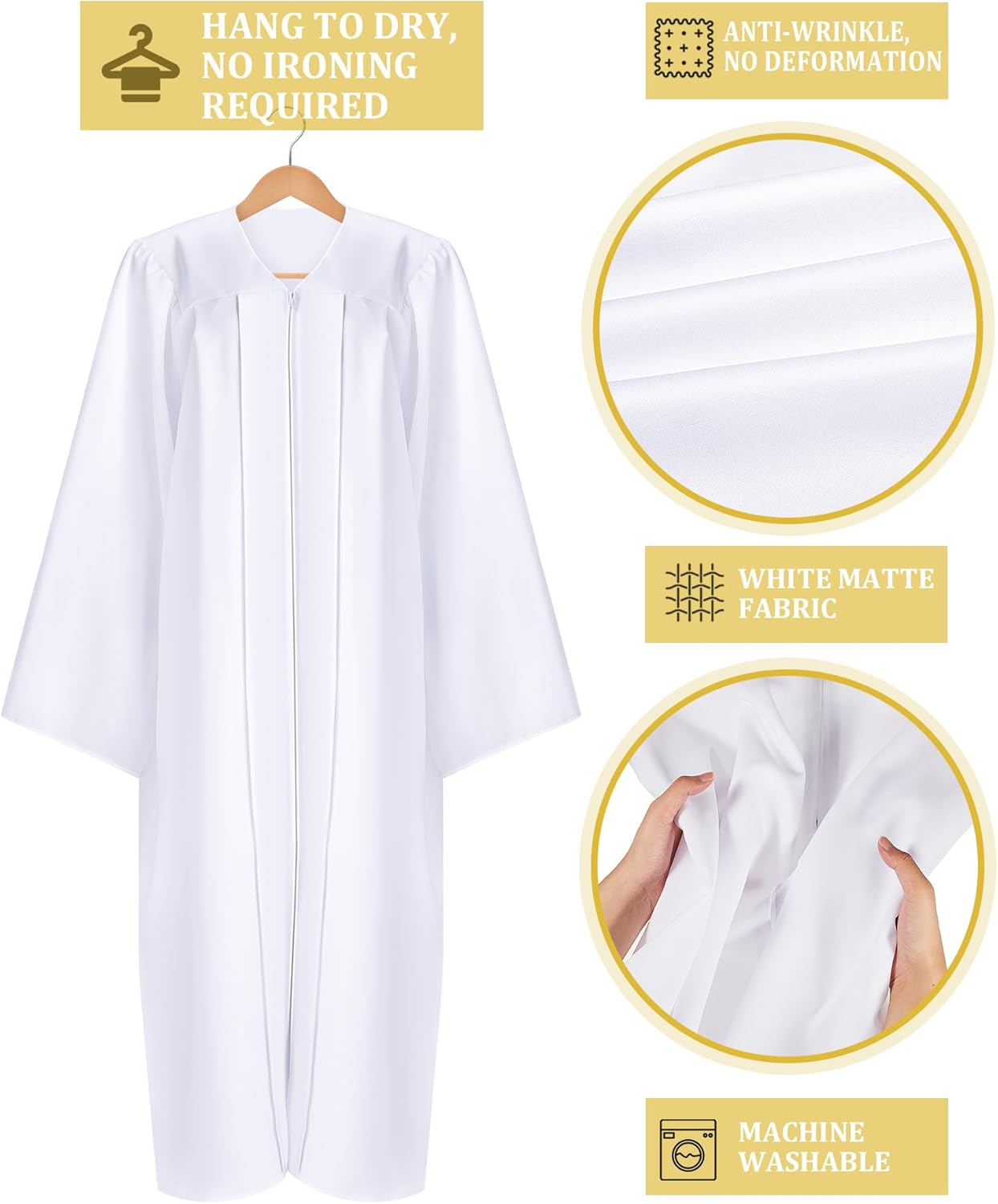 Toulite 12 Pcs Unisex Matte Choir Robes for Church White Baptism Gown Confirmation Pulpit Pastor Judge Costume Adults image number 2
