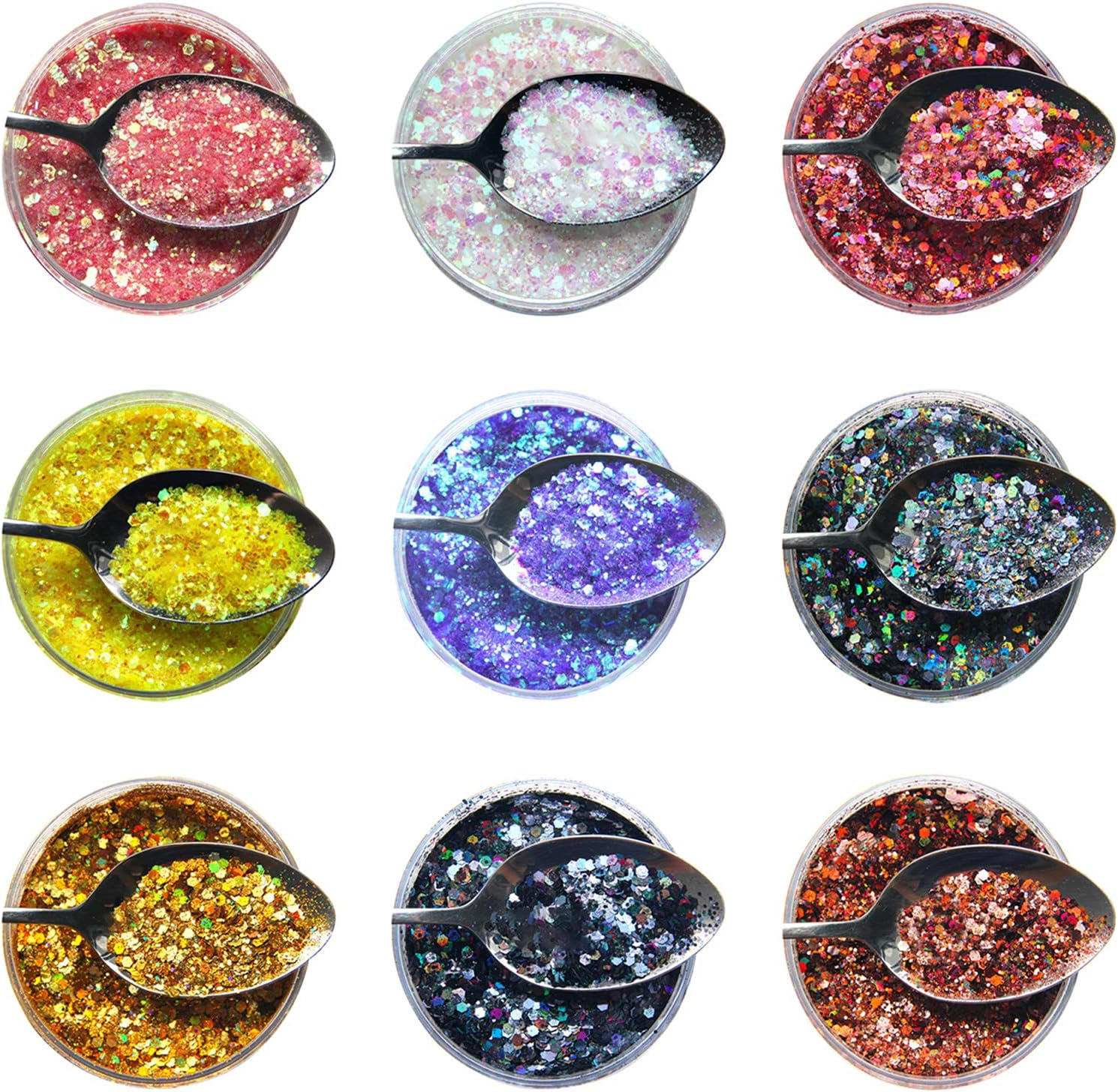 9 Packs Mixed Size Hexagon Nail Glitter Powder Sequins Shiny Colorful Nail Flakes Charm Dust image number 1