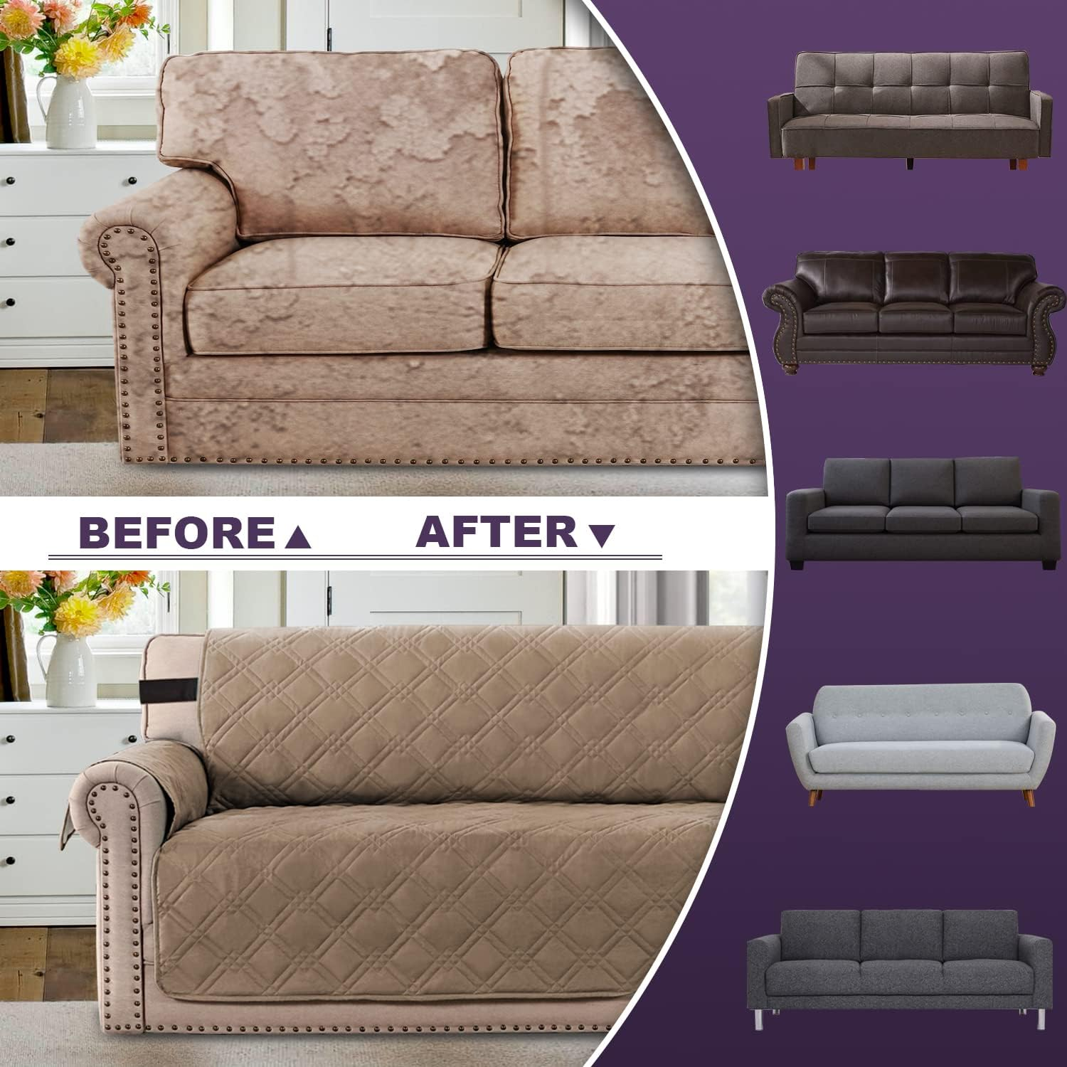 H.VERSAILTEX 100% Waterproof Couch Covers Machine Washable Sofa Cover for Dogs/Pets/Kids Couch Protector Waterproof Non-Slip Backing Sofa Slipcover for Pets (3 Seater, Taupe) image number 4