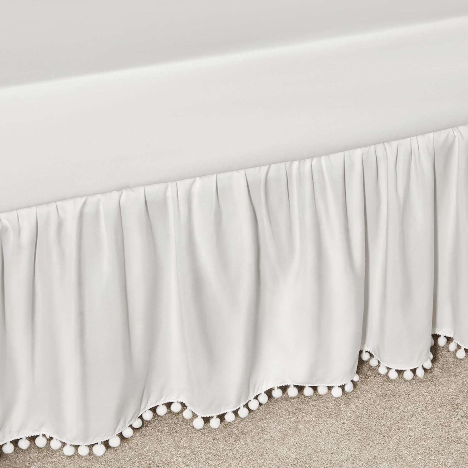 TILLYOU Baby Crib Skirt Girls Boys, Ruffled Bed Skirt with Pompoms, 28&rdquo;X 52&rdquo;, 14'' Drop, White image number 3