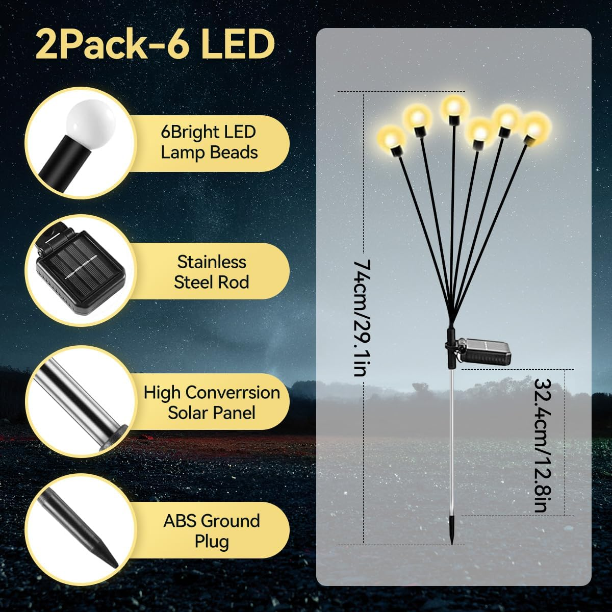 2 Pack Solar Fairy Lights Outdoor, 6 Head Each Total 12 LED Firefly Lights IP65 Waterproof Solar Starburst Swaying Lights for Garden Christmas Diwali Patio Decorations - Warm White image number 4