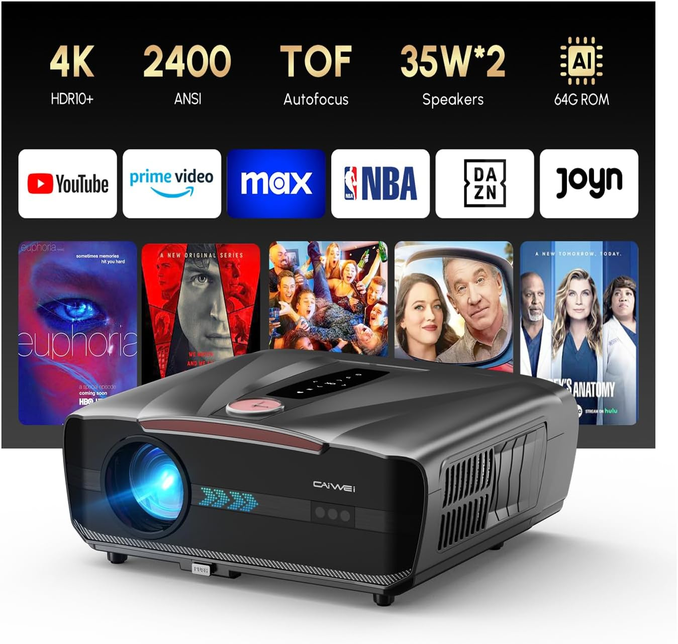 4K Projector 2400 ANSI 2026 Upgraded HDR10+ Ultra HD Daytime Smart Projectors with AI-PQ, Tof Autofocus HDMI Earc Auto Lens Cap Dolby Audio 64GB for Movie Night, Home Theater, Gaming, Daylight Viewing