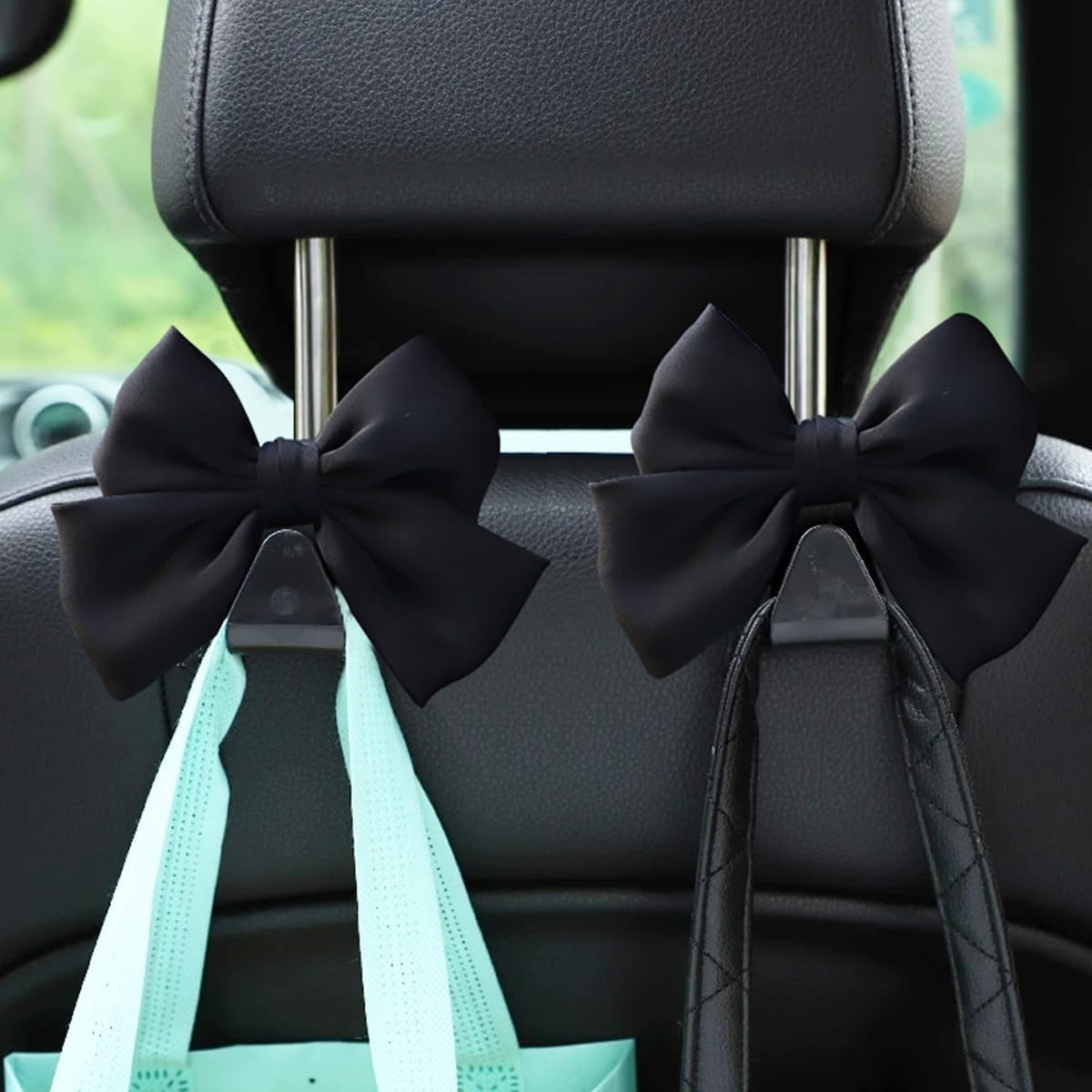 Car Seat Bow Hooks with Bowknot Design, 2Pcs Bowknot Bag Hanger for Vehicle Seats,Bow-Knot Vehicle Seat Bag Hanger,Cute Bow-Knot Purse and Bag Holder Hangers for Car Seat, Black image number 4