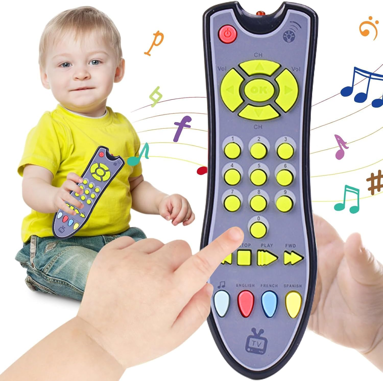 Kids Realistic TV Remote Control Toy with Musical Sound and Soft Light, Early Educational Toy with English Spanish and French 3 Language, Sensory Learning Toys for 6 12 18 Months+ Toddlers (Pink)