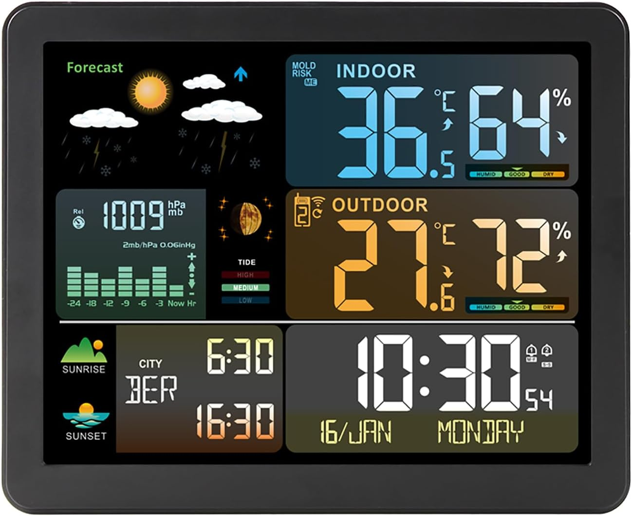 FJ3566M Smart Weather Station with Clock Indoor and Outdoor Temperature & Humidity Meter Multifunctional Large Color Screen Weather Clock Temperature & Humidity Gauge with 1 Sensor(Support up T