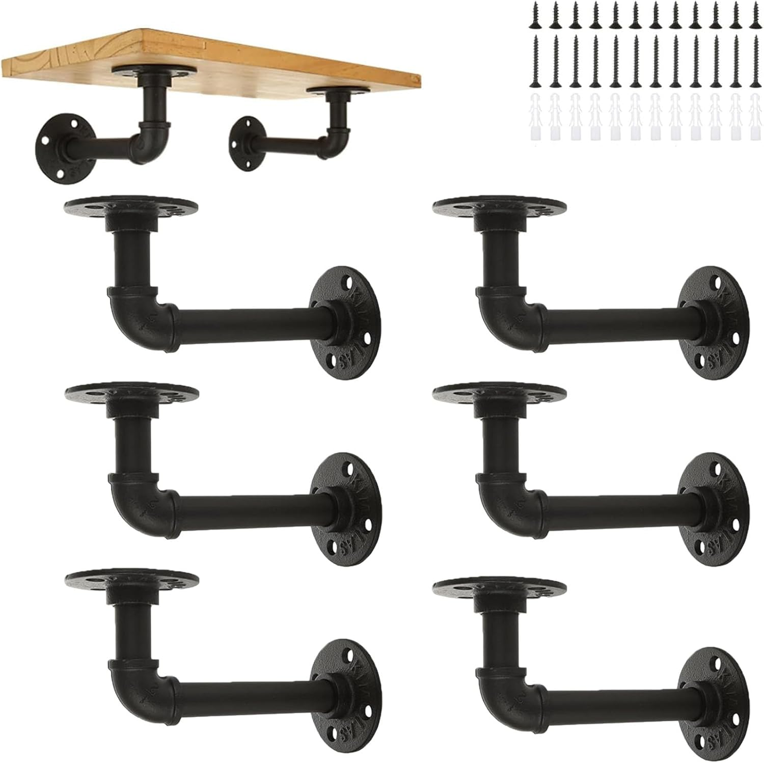 GBACHOOSE 6Pcs Industrial Pipe Shelf Brackets, Black Pipe Brackets Floating Shelf for Book Shelf Floating Shelves, Custom Wood Shelves Wall Mounted, Metal Rustic Pipe Decor with Hardware Included image number 5