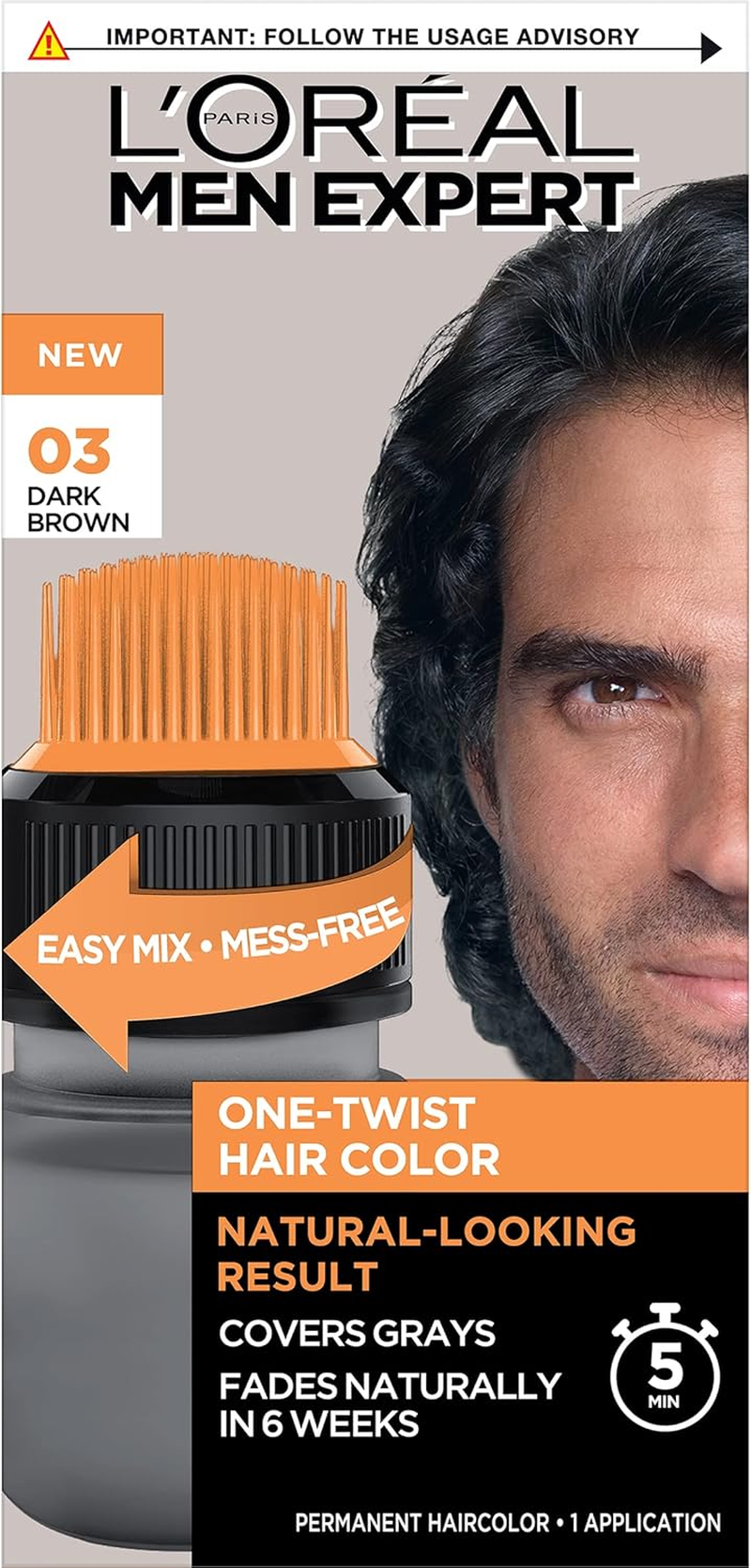 L&rsquo;Oreal Paris Men Expert One Twist Mess Free Permanent Hair Color, Mens Hair Dye to Cover Grays, Easy Mix Ammonia Free Application, Real Black 02, 1 Application Kit