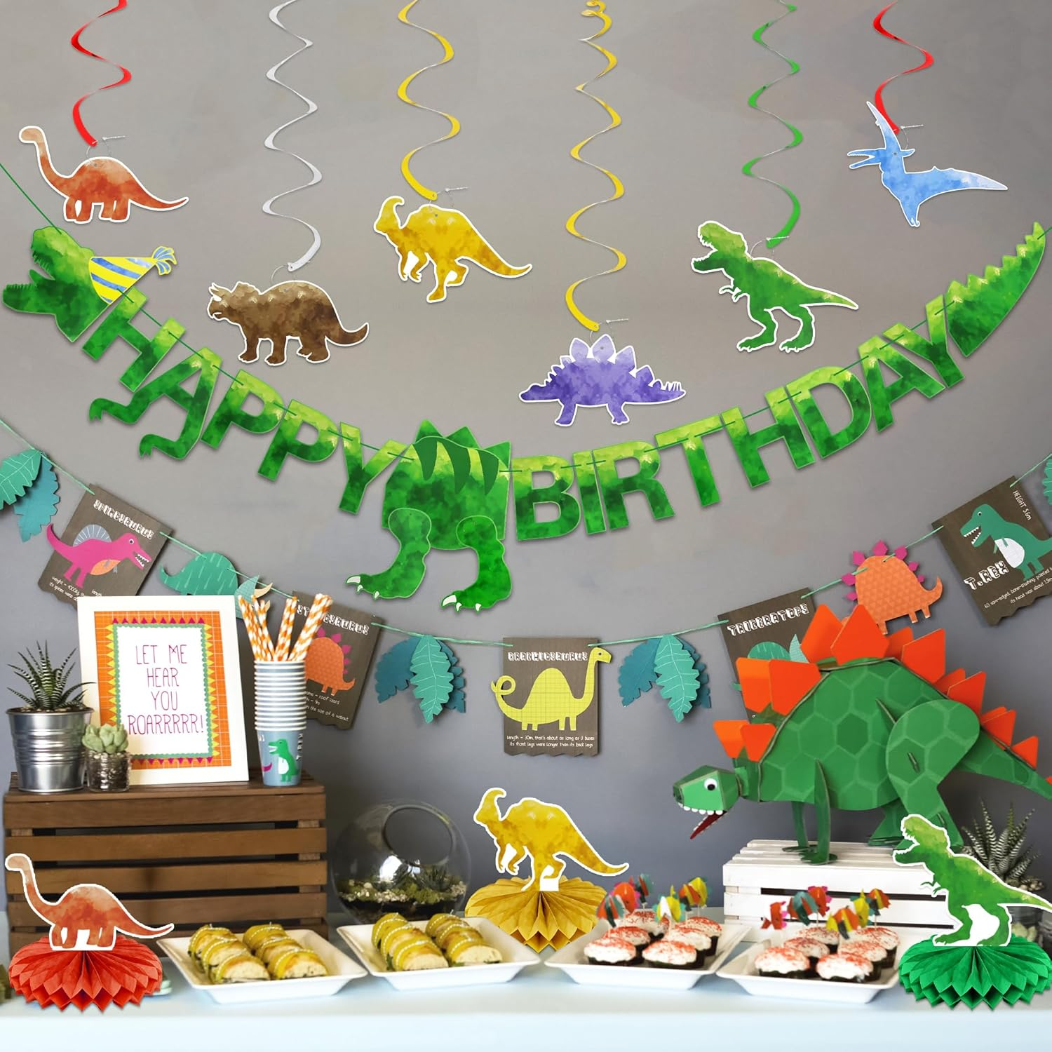 Watercolor Dinosaur Happy Birthday Banner Kids Party Decorations 6 Hanging Swirl Streamer 3 Honeycomb Centerpieces image number 4