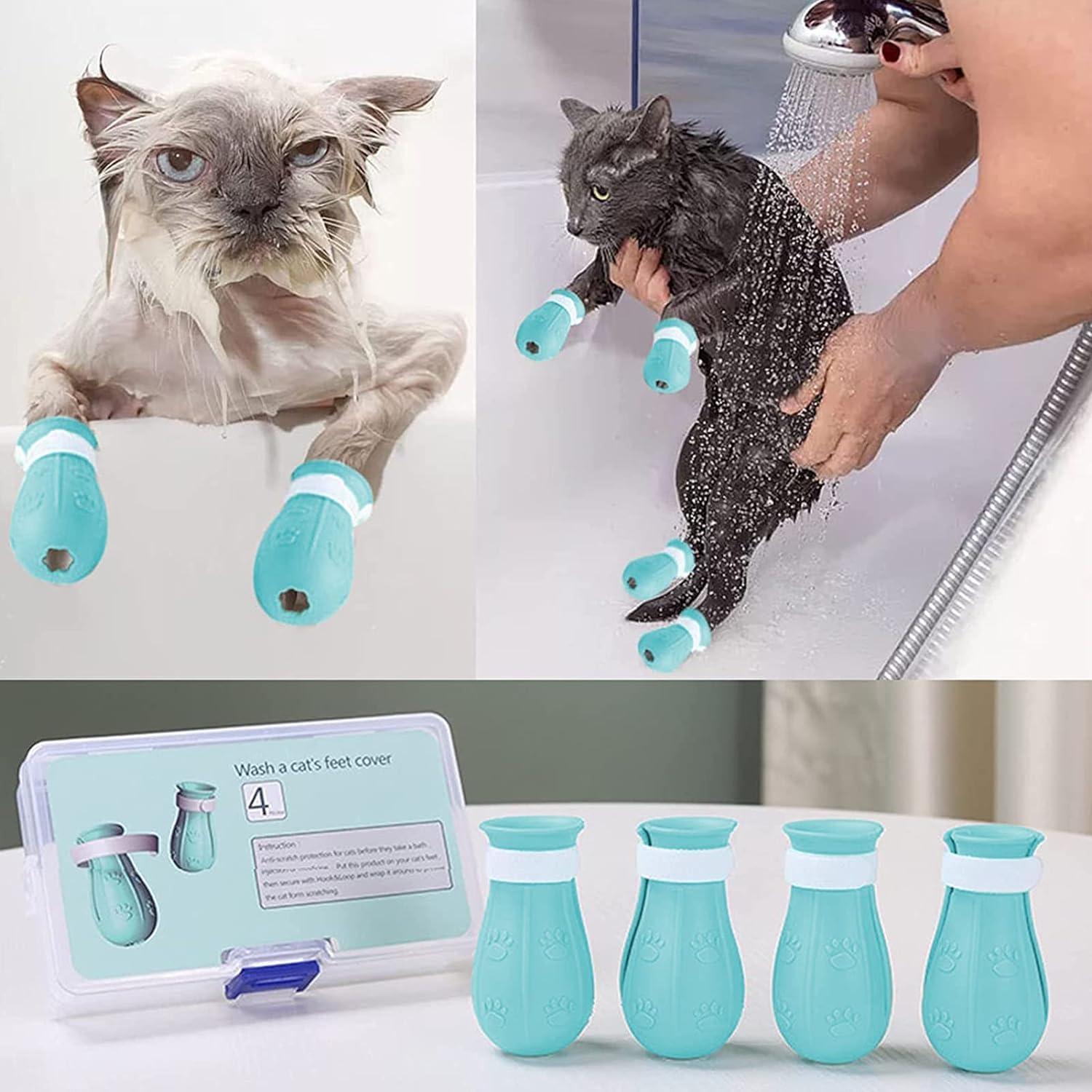 Anti-Scratch Cat Shoes 4 Pack, Pet Supplies Scratch Deterrent Booties, Grooming Accessories Silicone Nail Gloves, Adjustable Claw Cover for Bathing Shaving Checking Treatment (Blue) image number 1