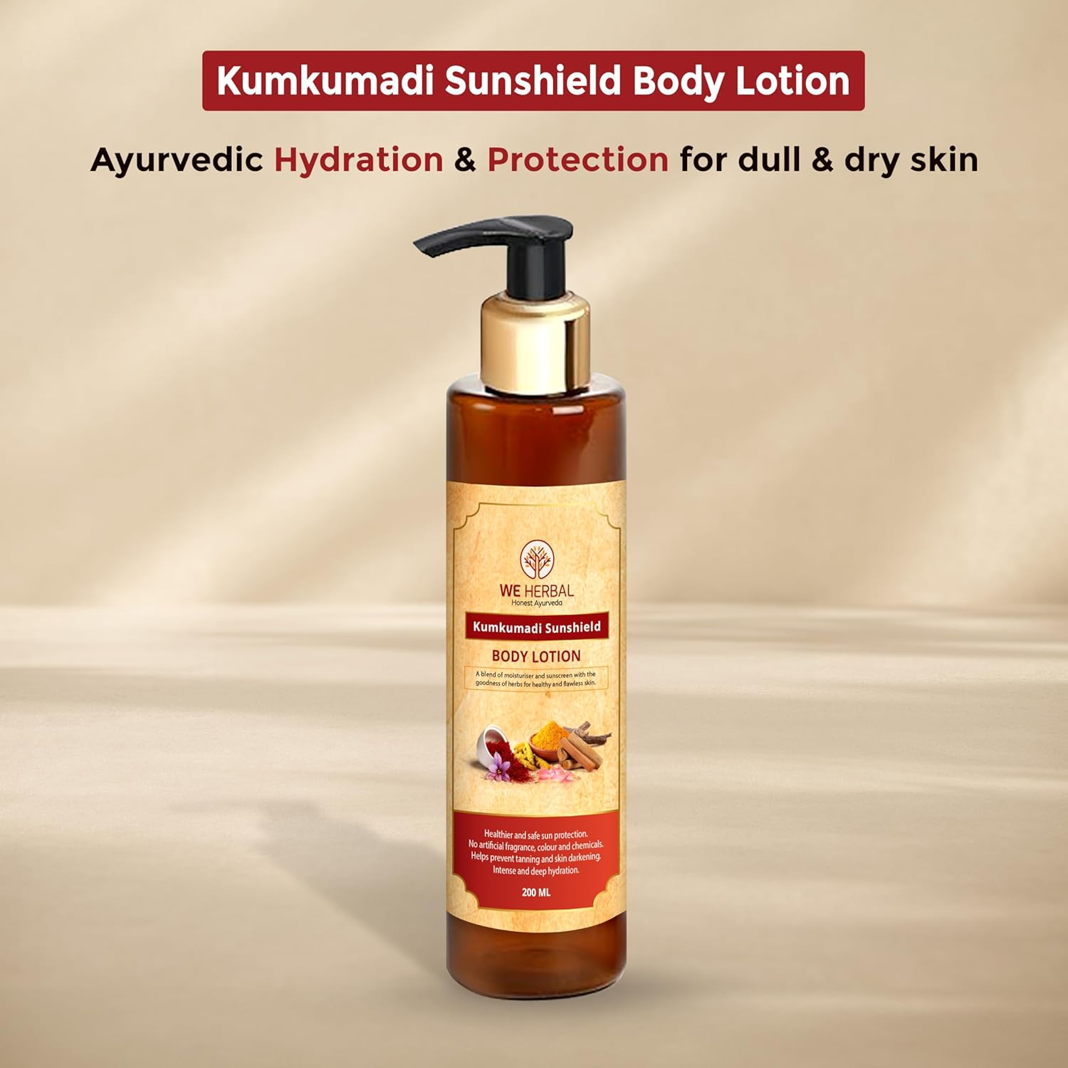 We Herbal Kumkumadi Sunshield Body Lotion | Ayurvedic Sunscreen & Deep Moisturiser with Rosehip, Almond & Carrot Extract | Non-Greasy | No Harsh Chemicals | 180Ml image number 2