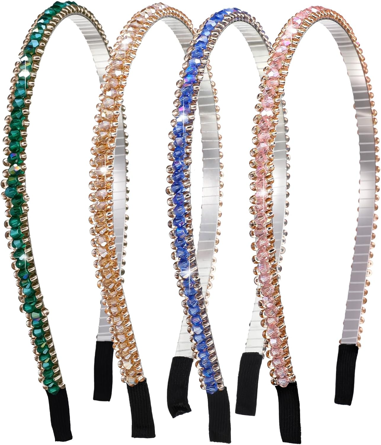 4 Pcs Decorative Sparkly Glitter Crystal Rhinestone Headbands,Glitter Sparkly Fancy Jeweled Headbands for Women, Skinny Elastic Metal Hair Bands with Fabric Ends,Non Slip for Women Girls Christmas Gif image number 6