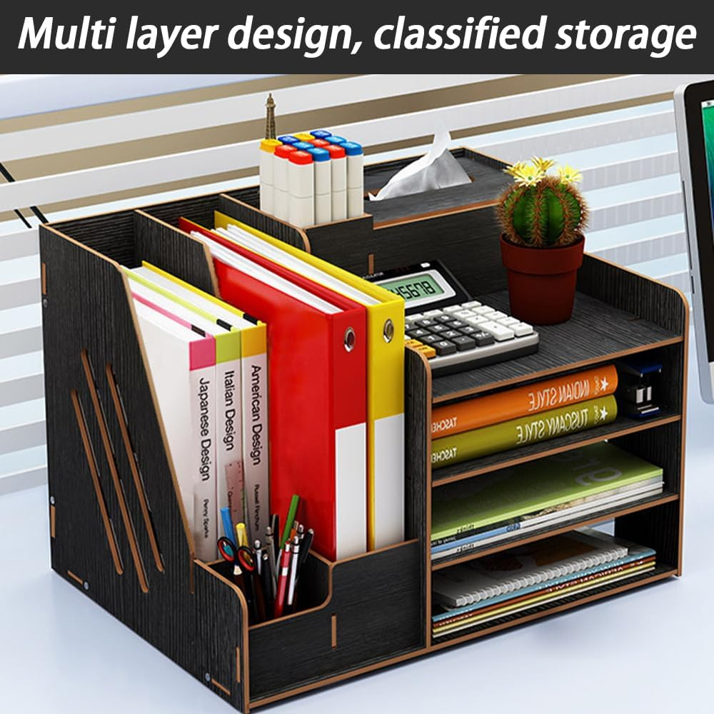 TOMVAES Wooden Desk Organizer with 3 Trays, File and Paper Organizer, Office Supplies Tray and Pen Holder for School Home (Black) image number 5