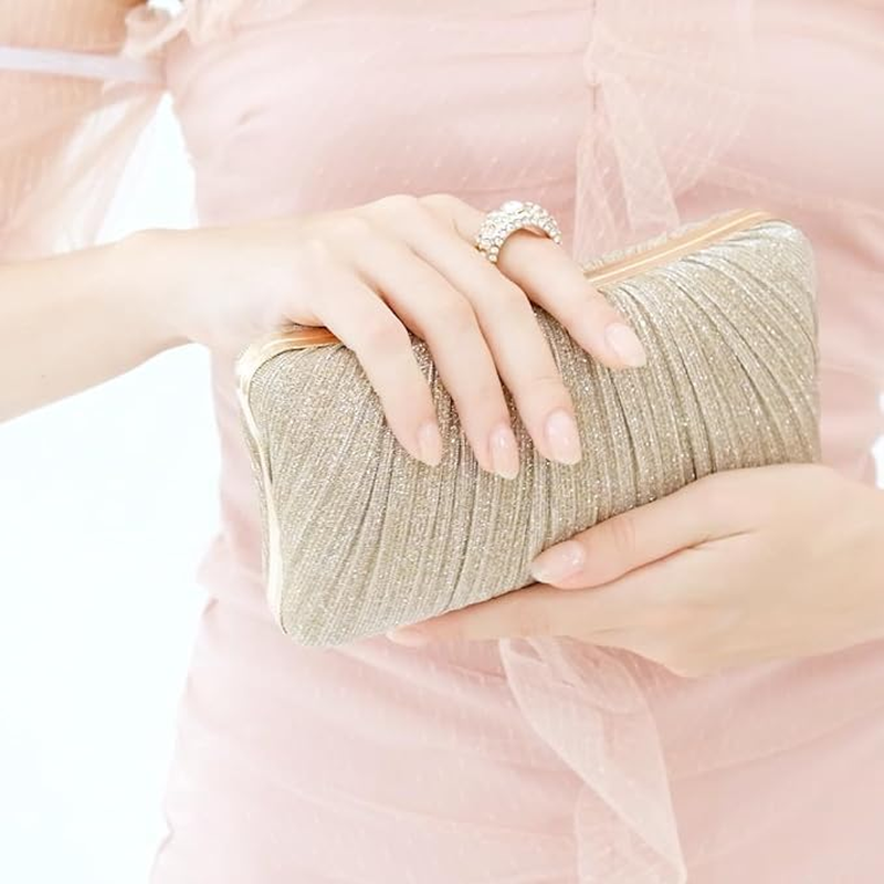 Womens Golden Glitter Clutch Purse Pleated Evening Bag, Evening Handbag Bling Bag with 2Pcs Strap, Clutch Purse for Women for Party Wedding image number 5