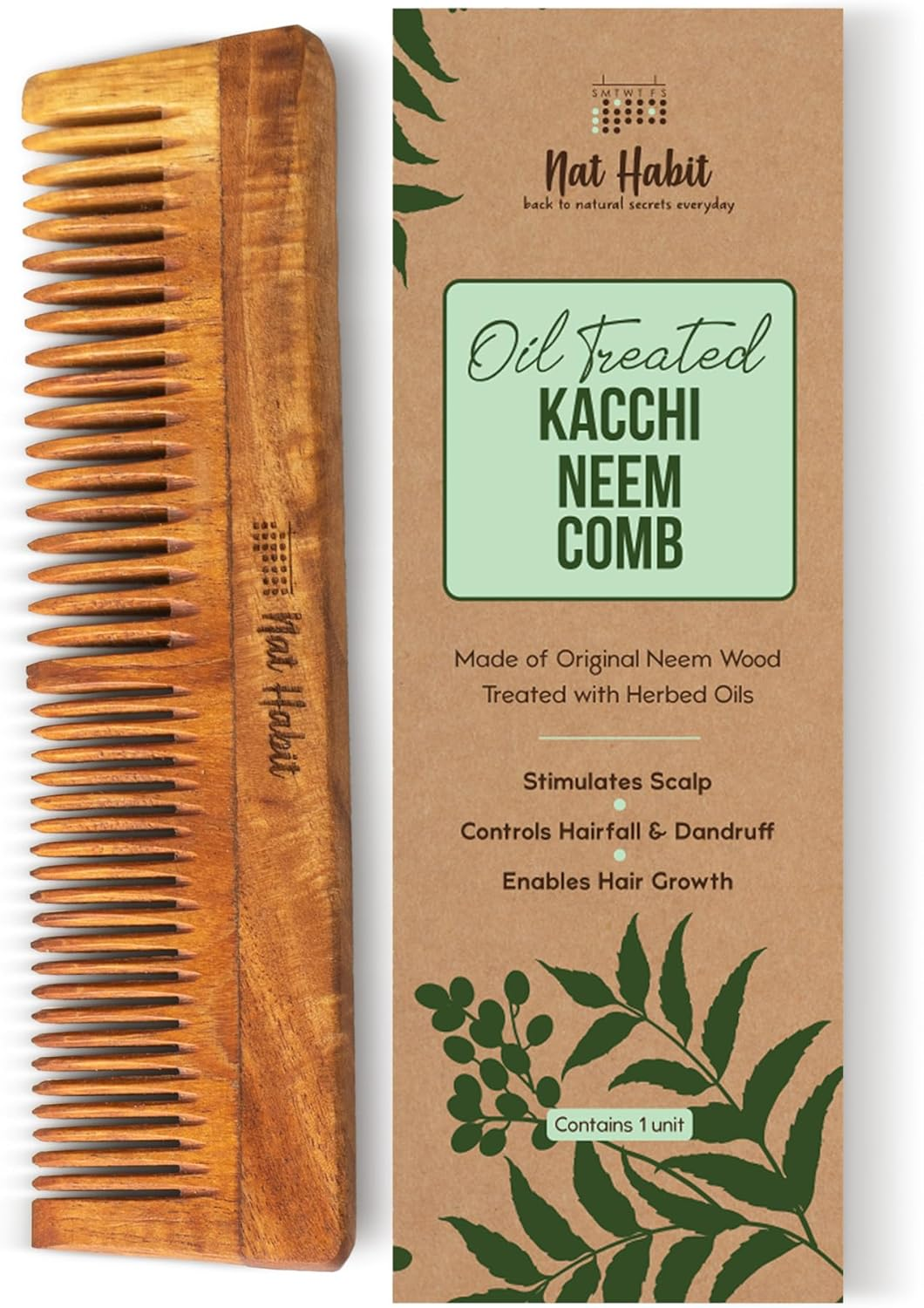 Nat Habit Kacchi Neem Wooden Comb, Soaked in 17 Herbs Neem & Sesame Oil for Multi-Actions - Detangling, Frizz Control & Shine,Suited for All Hair Types (Dual Tooth) image number 1