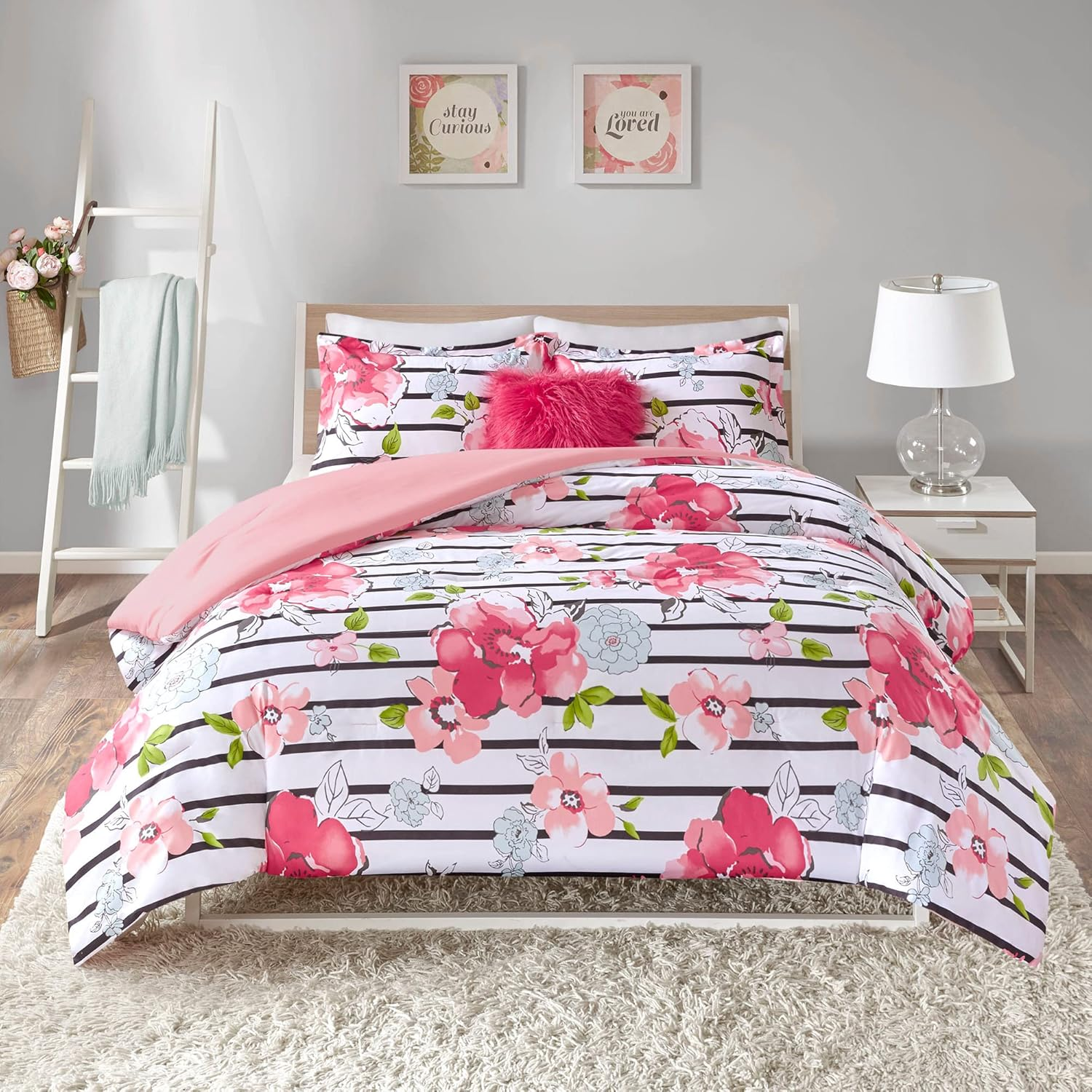 Comfort Spaces Zoe Comforter Set Printed Striped Floral Design with Faux Long Fur Decorative Pillow Bedding, Pink, Twin/Twinxl, 3 Piece