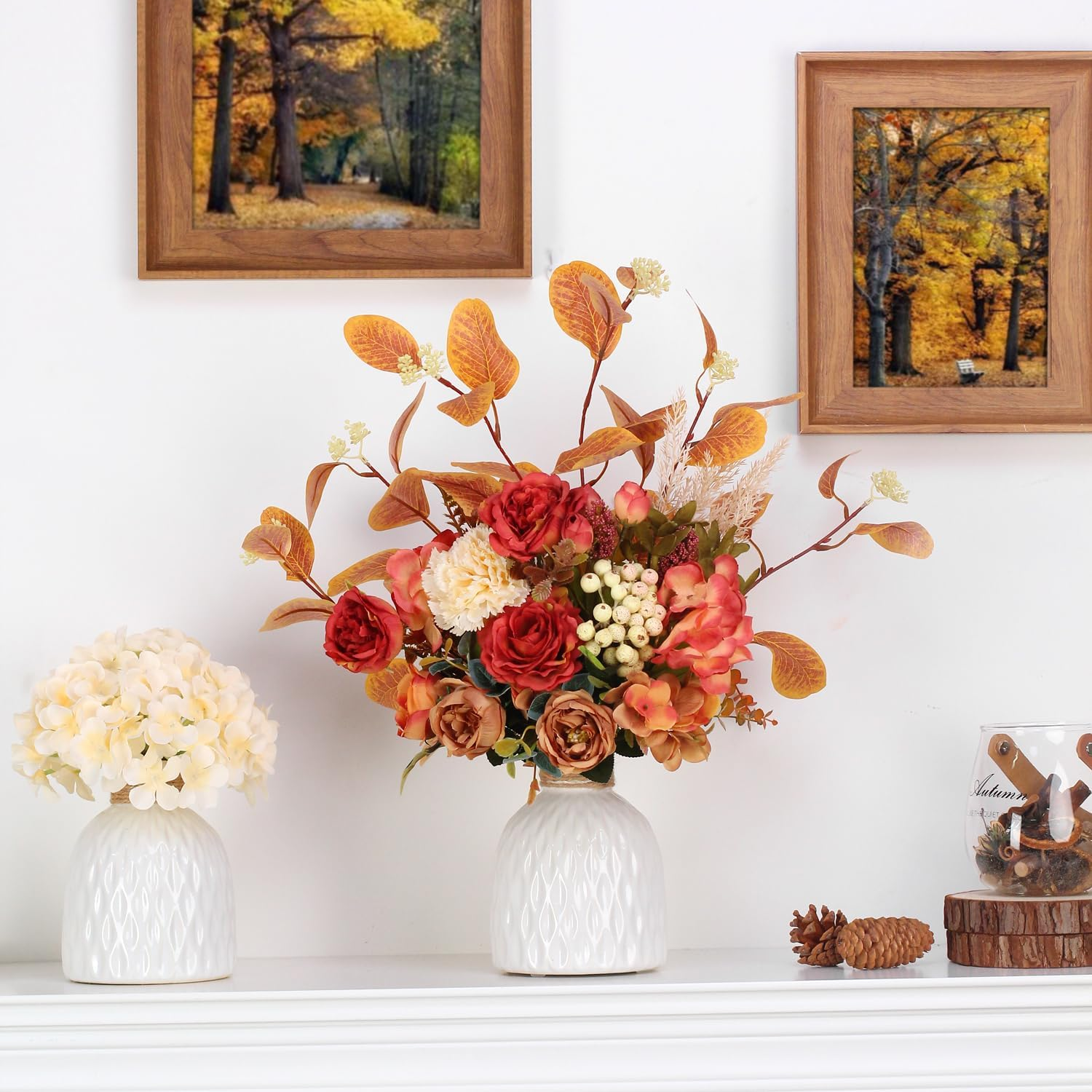 Artificial Fall Floral Arrangement with Orange Leaves and Red Roses in White Ceramic Vase, Autumn Home Decor (Orange Leaves + Ceramic Vase)
