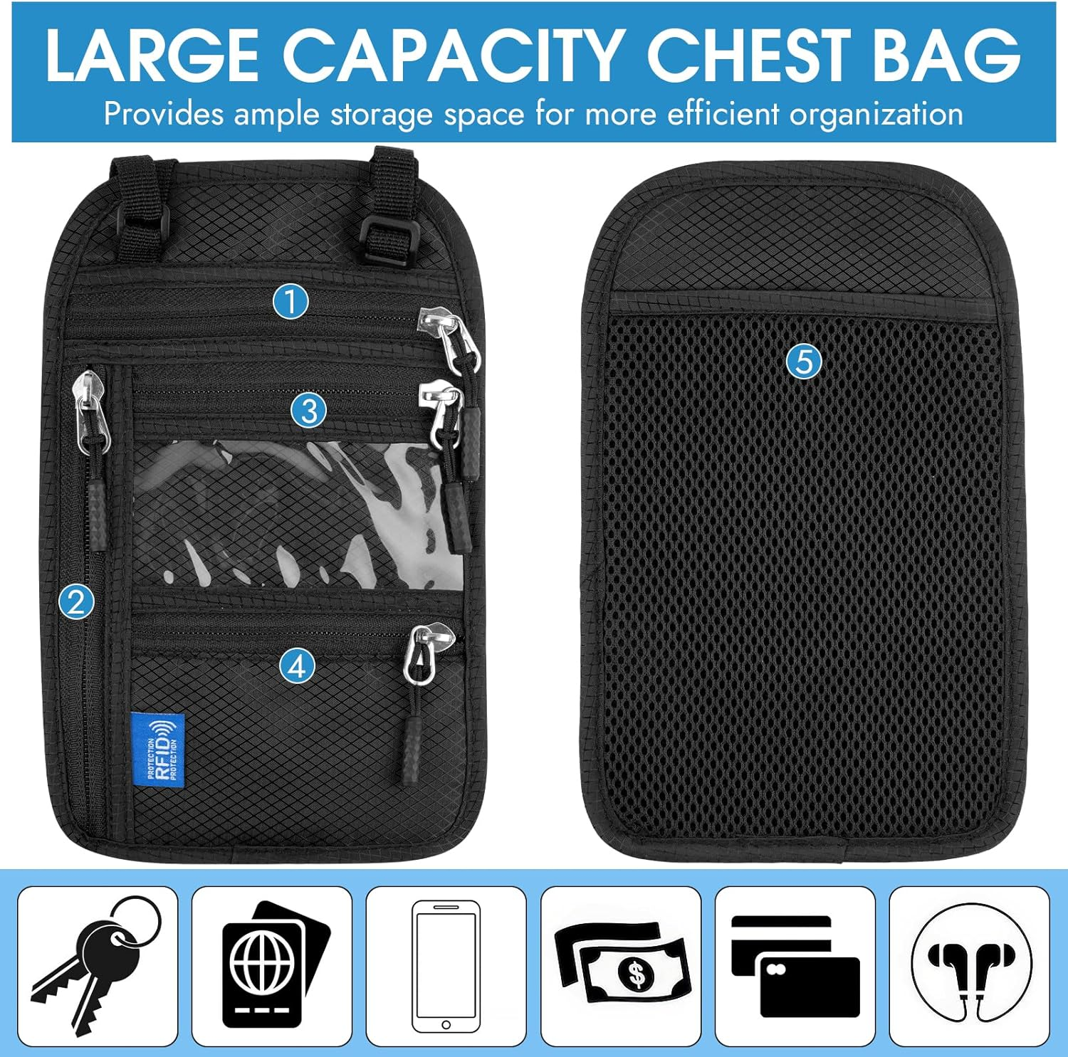 Neck Pouch with RFID Protection, Anti-Theft Chest Pocket Men, Waterproof Travel Wallet, Adjustable Unisex Security Pocket Travel for Passport Cards Smartphone Money, Black, 24*15.5Cm, Neck Pouch With image number 4