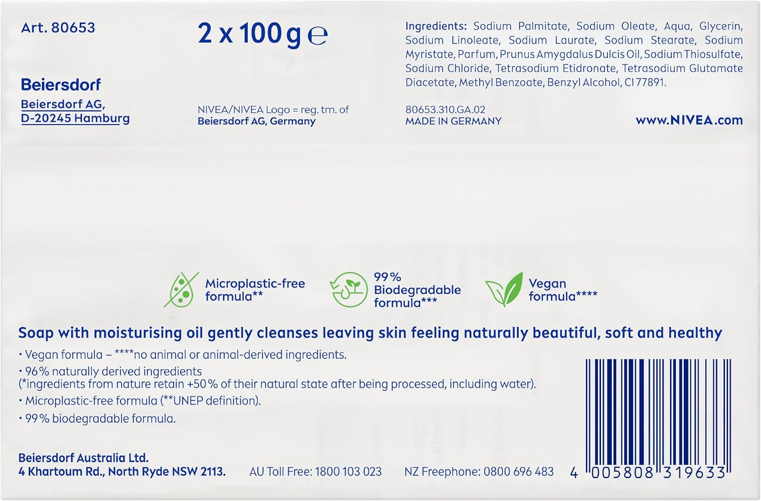 NIVEA Creme Soft Care Soap Twin Pack 2X 100G | Pampering Formula Enriched with Almond Oil | Moisturising Soap for Soft Skin | Gently Cleanses | Fresh Scent | Vegan Body Soap (Pack of 3) image number 6